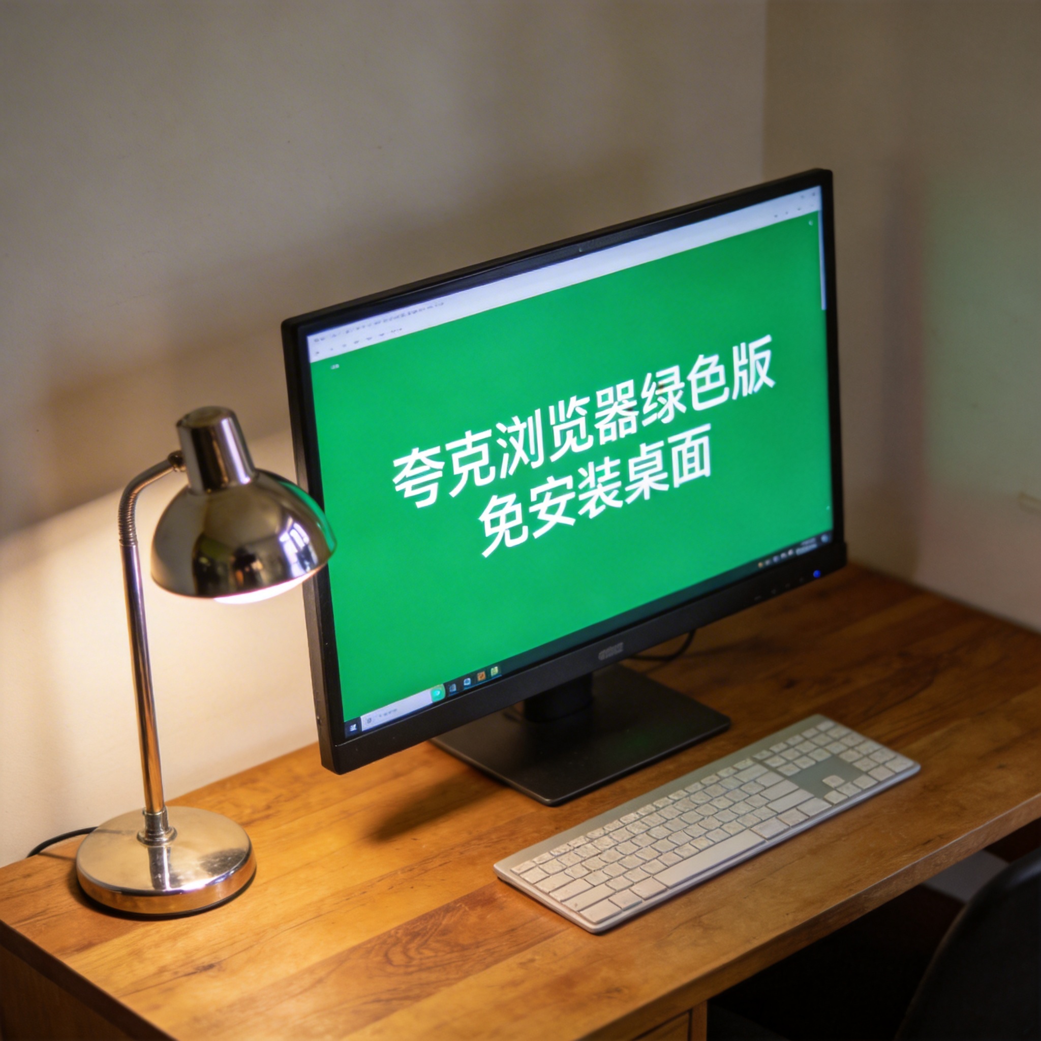 电脑桌上的电脑，屏幕显示夸克浏览器绿色版免安装桌面，旁边放着台灯
