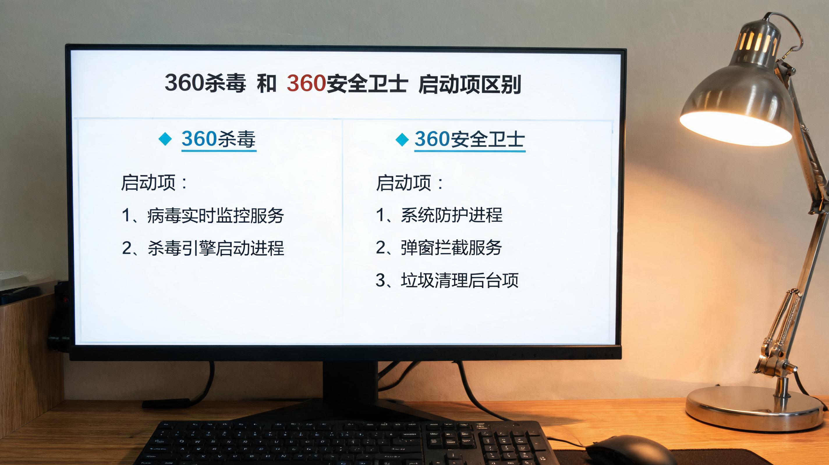 电脑桌上的电脑，屏幕显示360 杀毒和 360 安全卫士区别启动项，旁边放着台灯