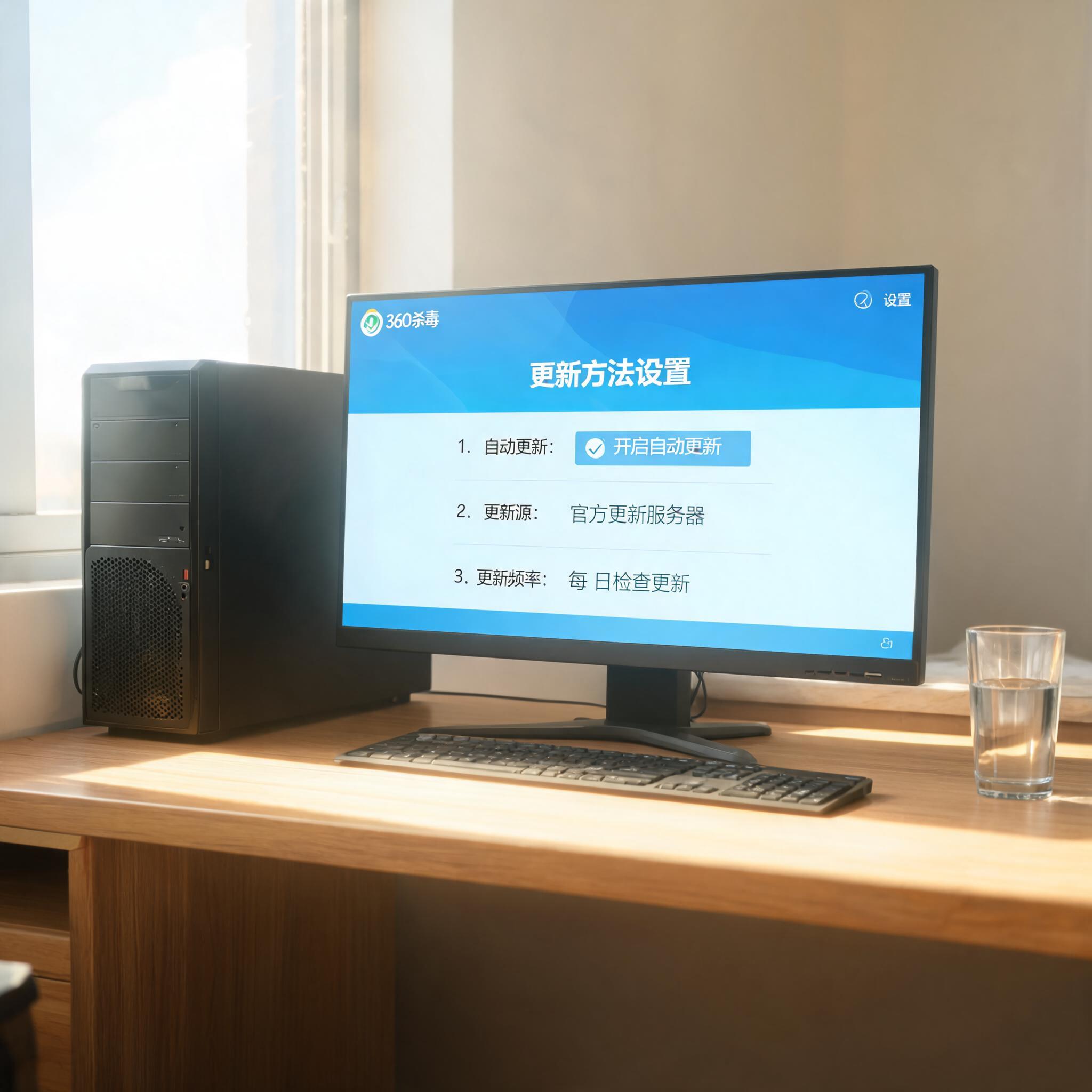 书桌上的主机，屏幕显示360 杀毒软件更新方法设置界面，桌角放着水杯，自然光