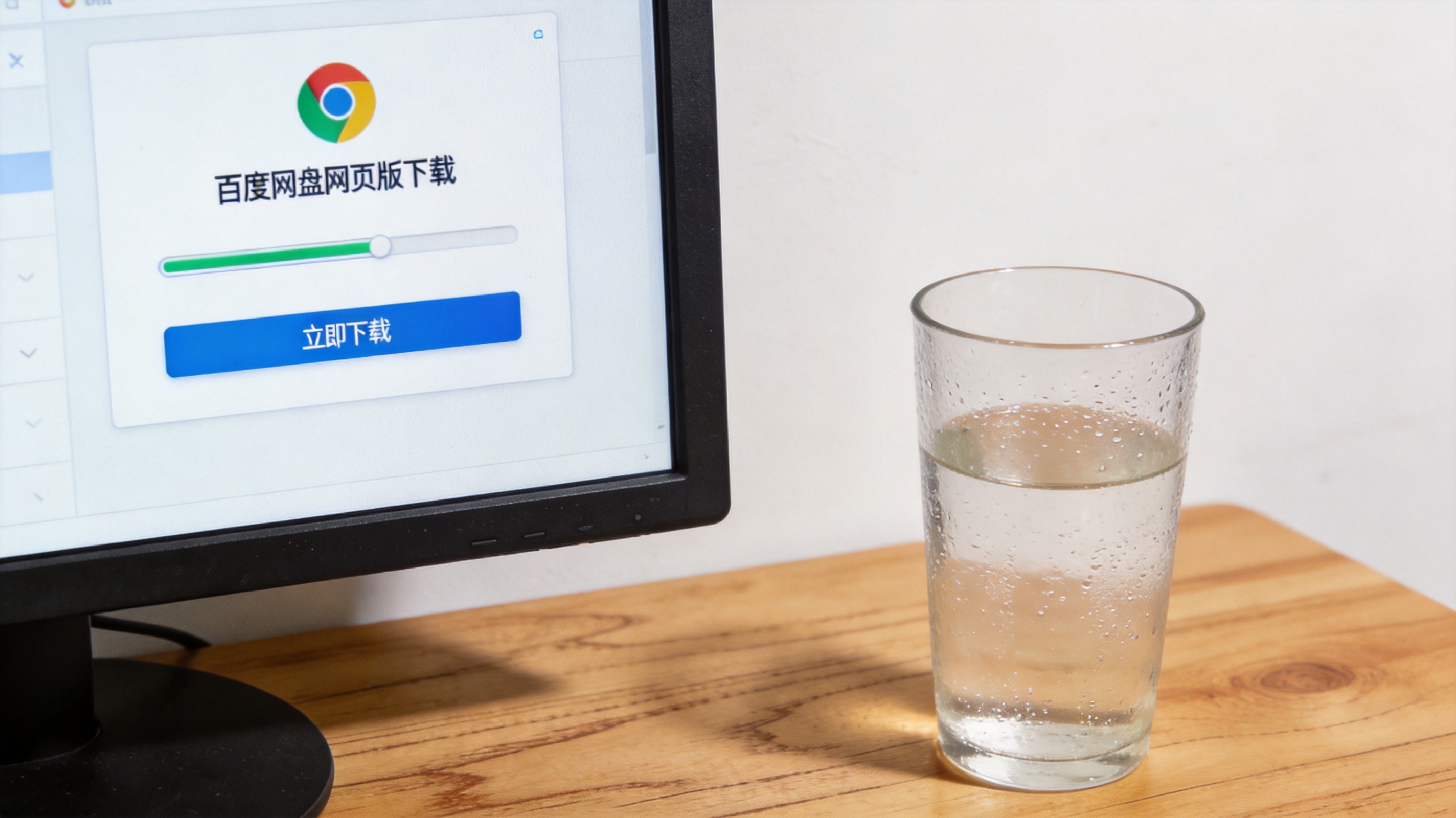 电脑桌面，屏幕显示Chrome浏览器的百度网盘网页版下载界面，旁边放着半杯凉白开，室内自然光