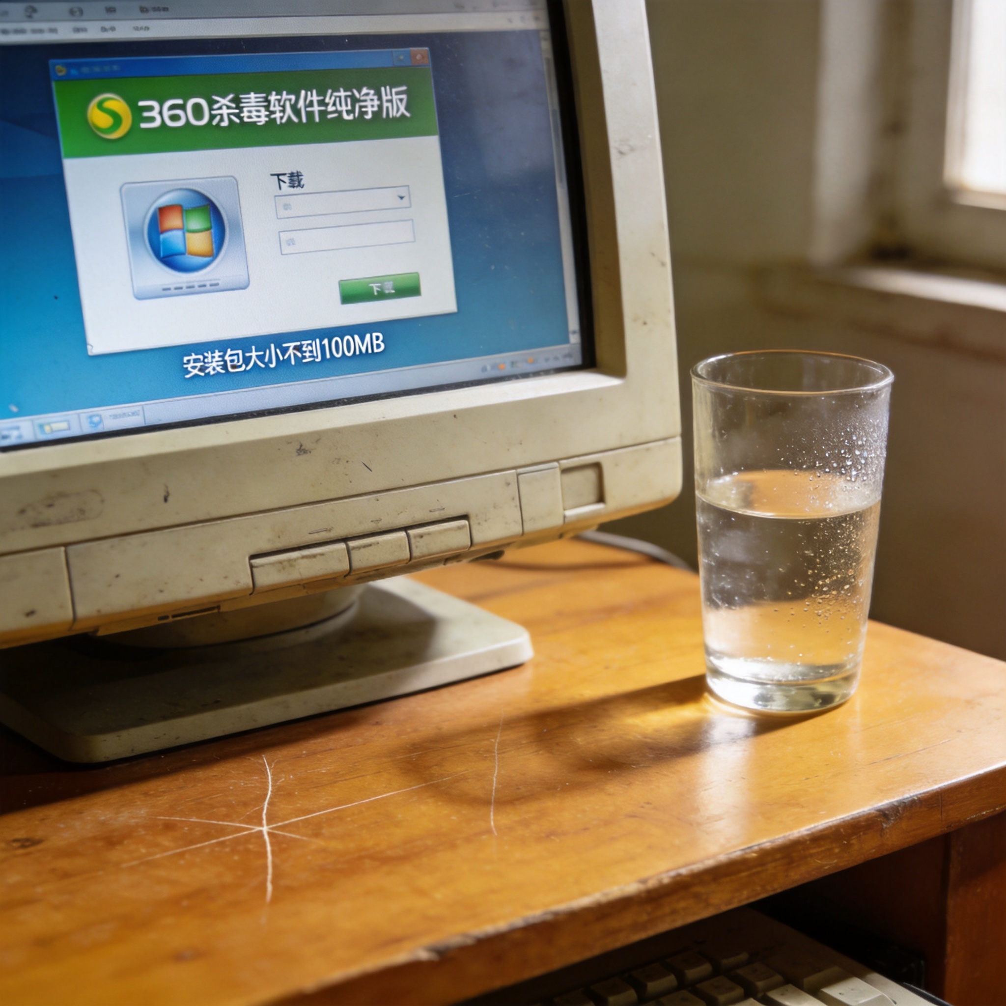 书桌的老电脑，屏幕显示360杀毒软件纯净版的下载页面，标注安装包大小不到100MB，旁边放着半杯凉白开，室内自然光