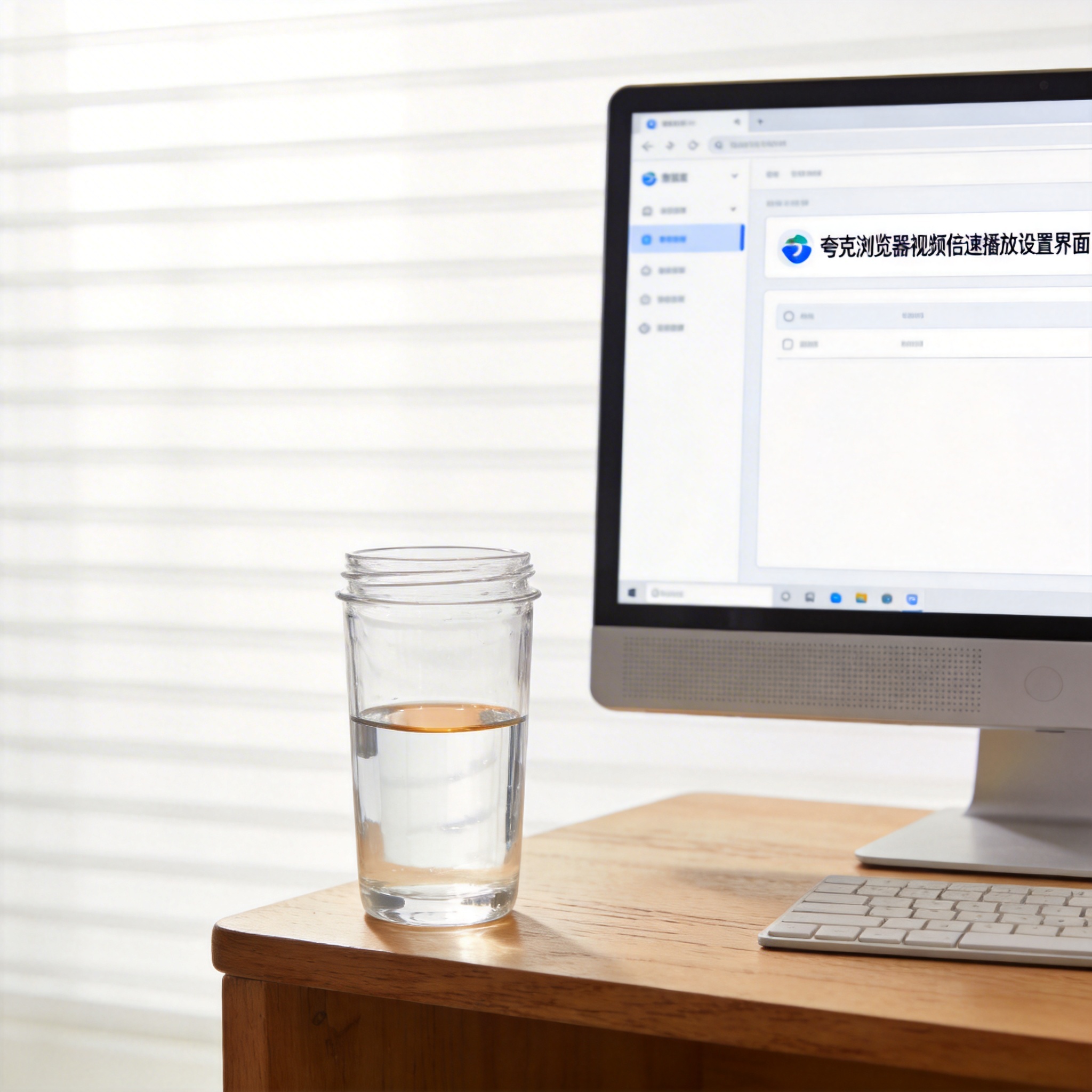 书桌上的主机，屏幕显示夸克浏览器视频倍速播放设置界面，桌角放着水杯，自然光