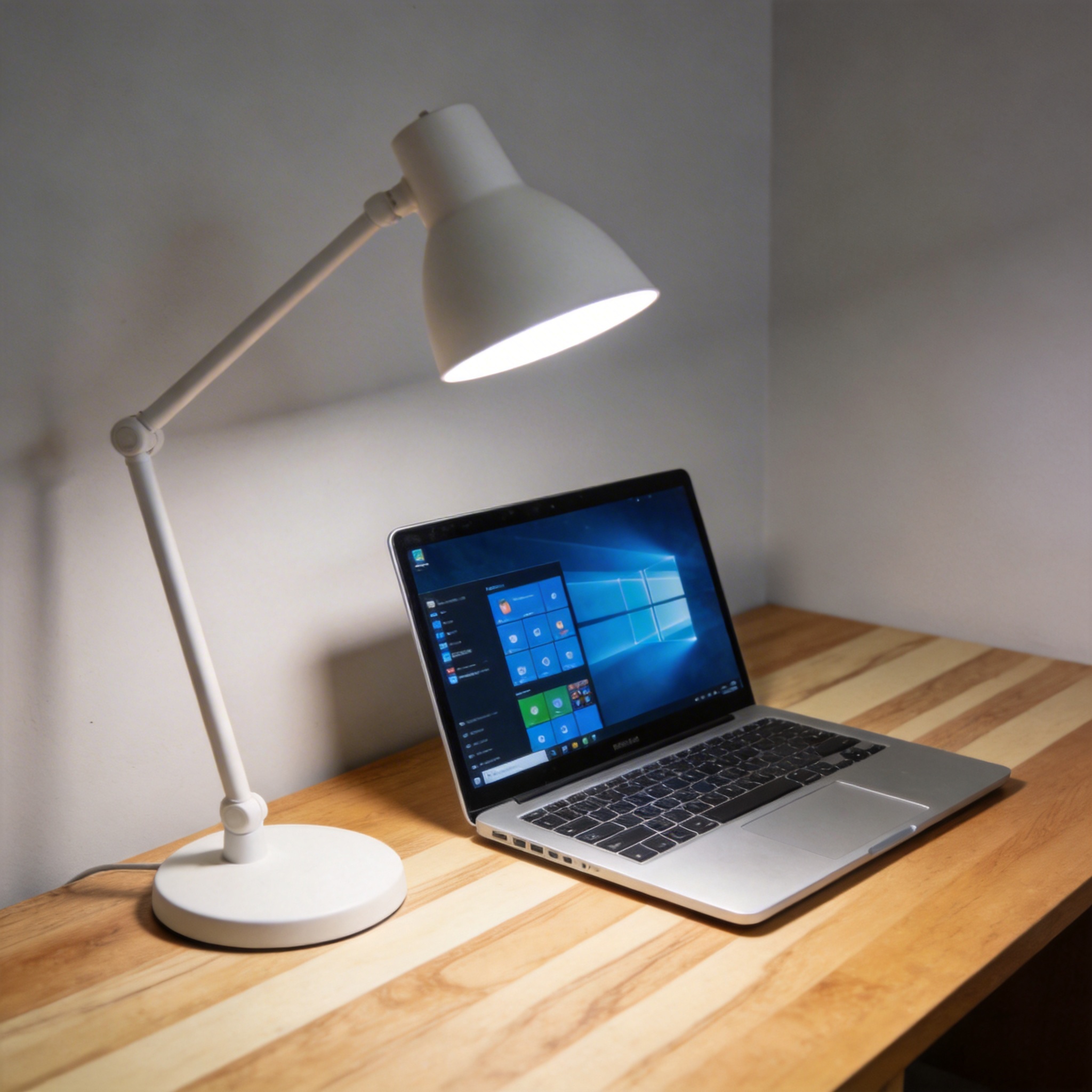 电脑桌上的电脑，屏幕显示Windows窗口，旁边放着台灯