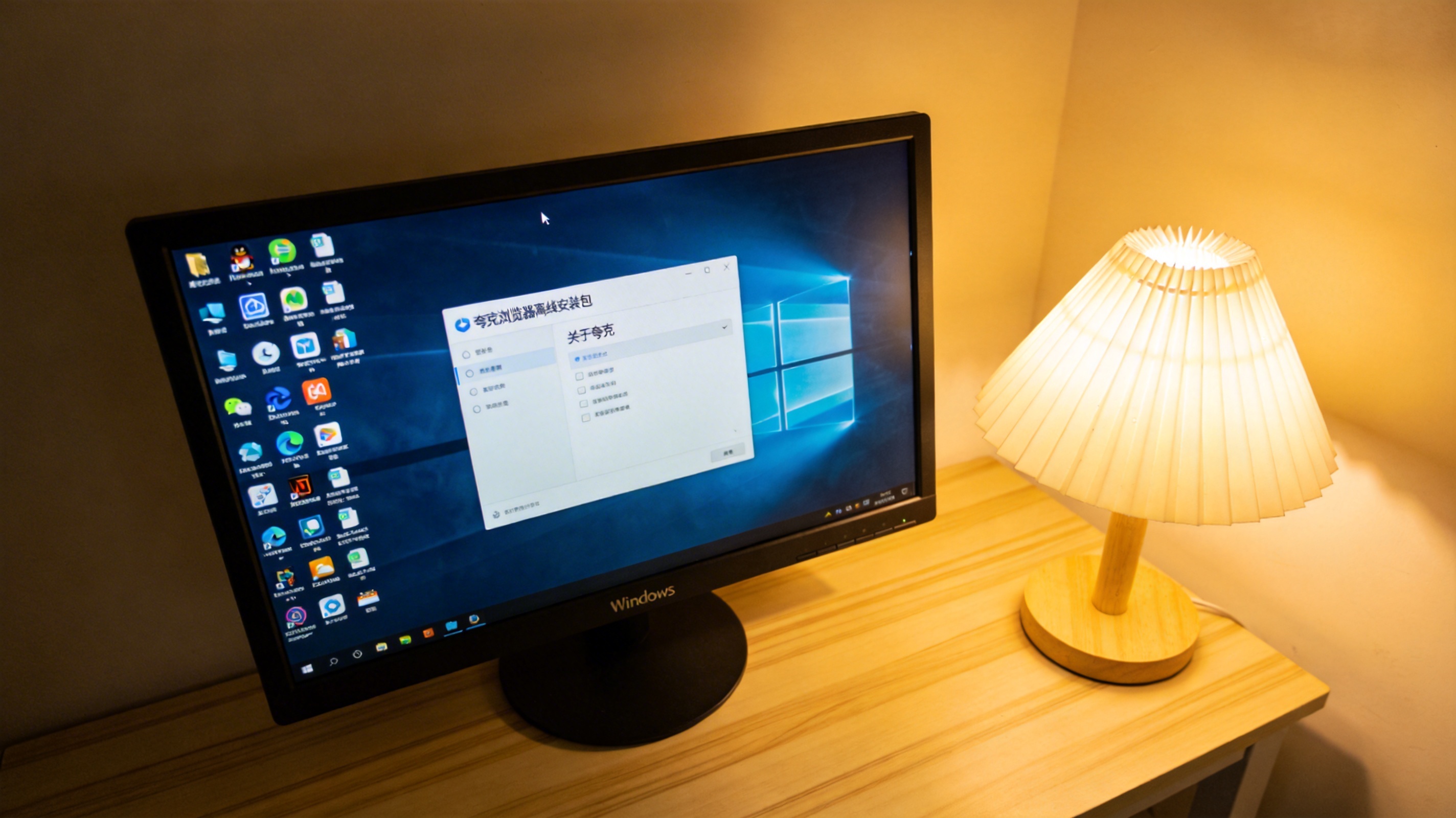 书桌的Windows系统电脑，桌面有夸克浏览器离线安装包图标，屏幕显示夸克设置页面的关于夸克选项，台灯暖光