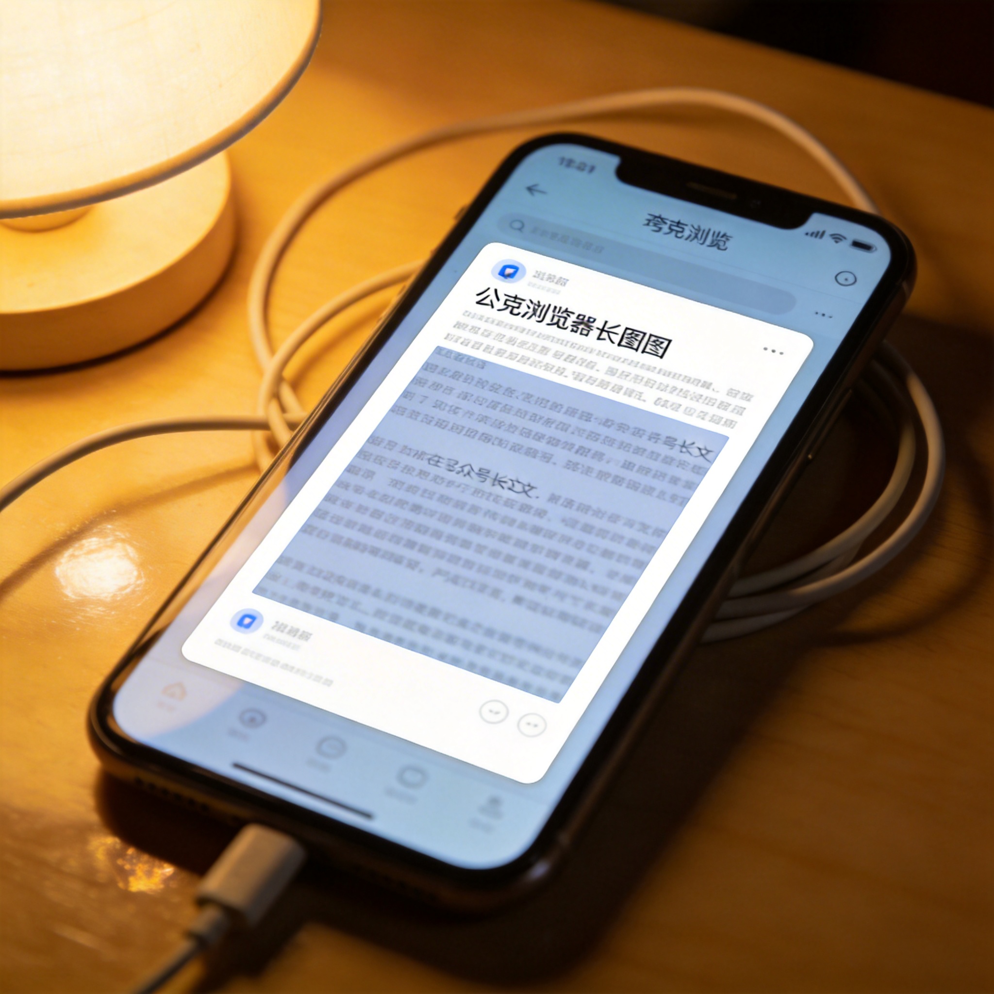 桌面的手机屏幕，显示夸克浏览器长截图选框，选框覆盖公众号长文内容，屏幕旁放着充电线，台灯暖光