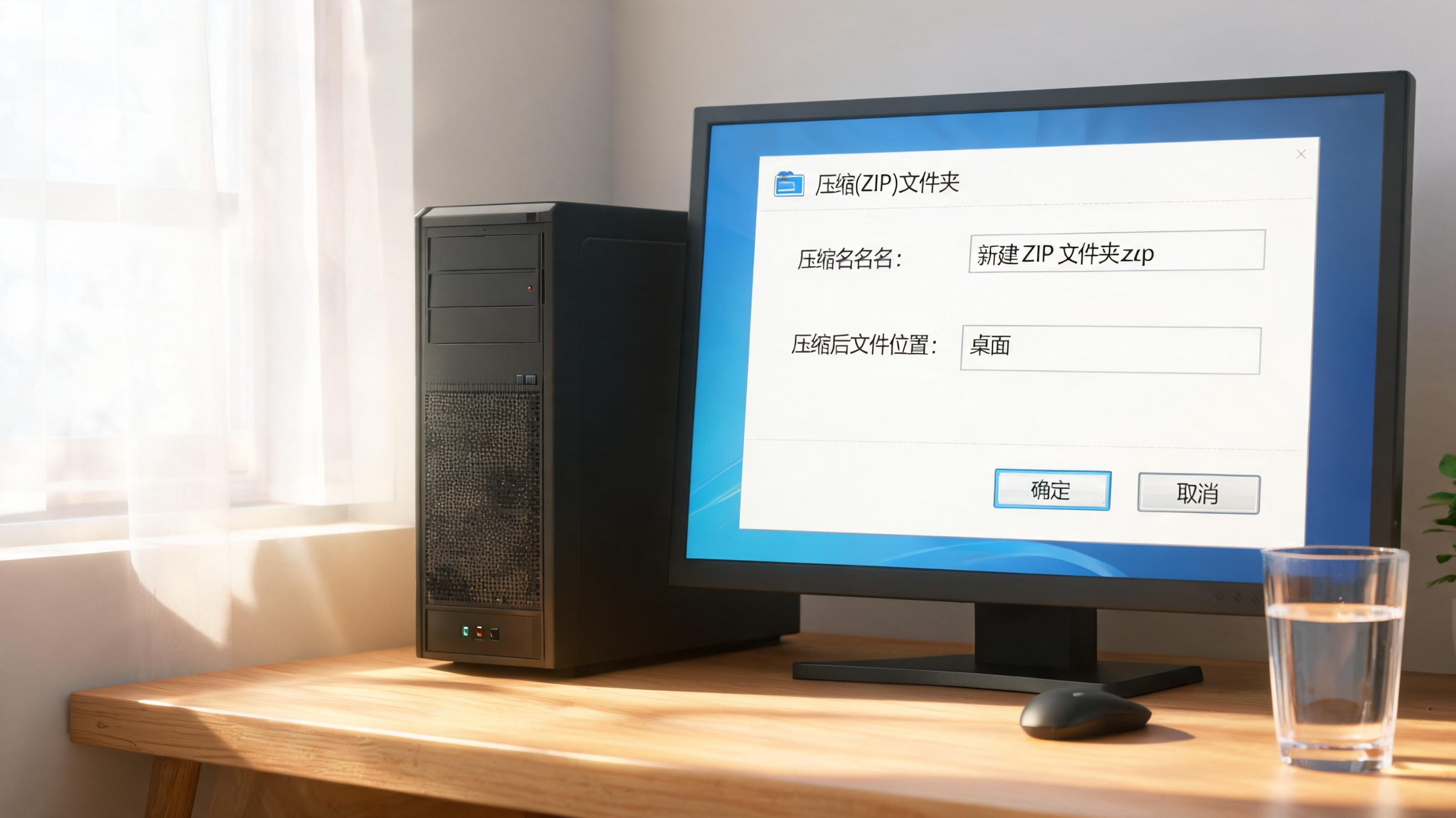 书桌上的主机，屏幕显示win压缩设置界面，桌角放着水杯，自然光