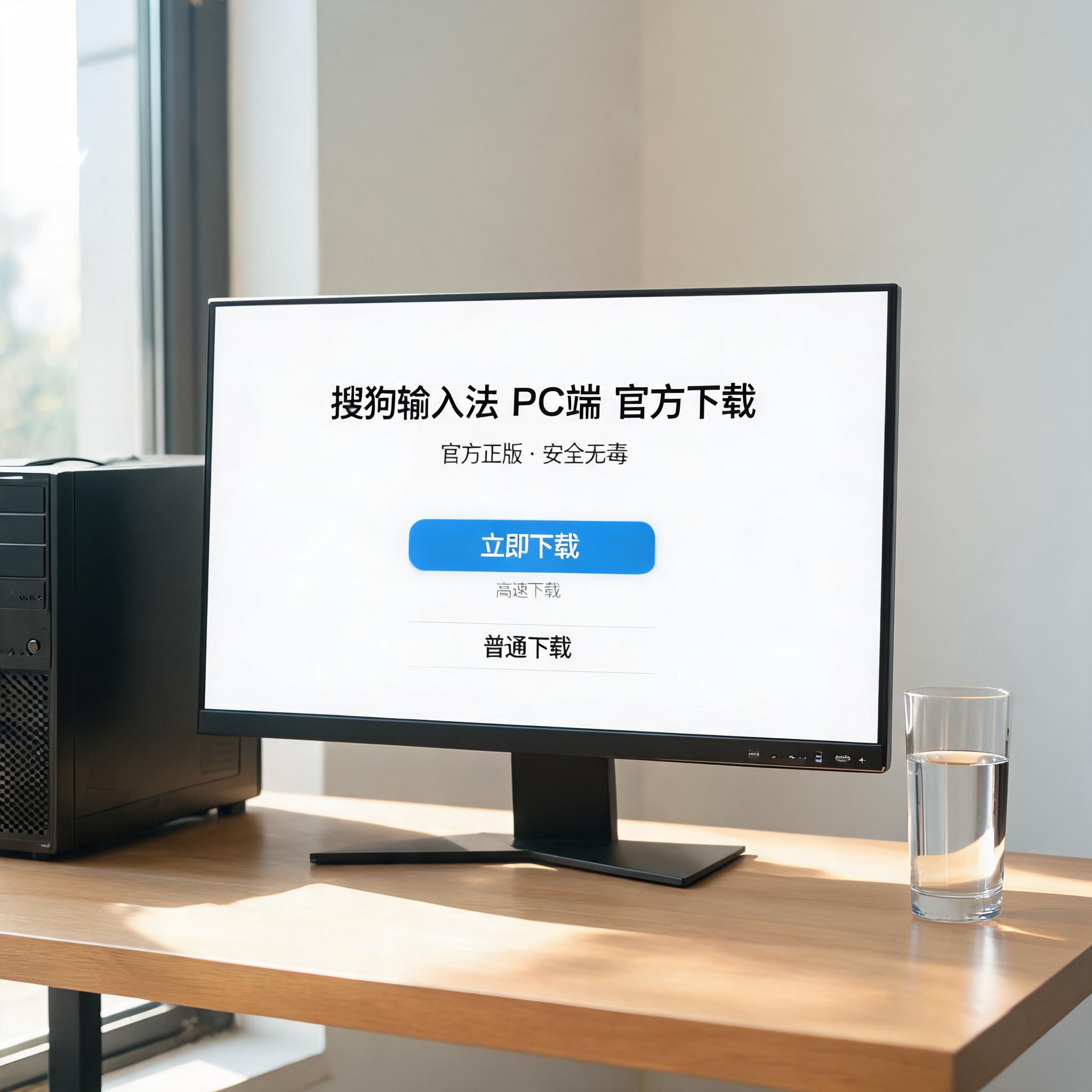 书桌上的主机，屏幕显示PC 端搜狗输入法官方下载设置界面，桌角放着水杯，自然光