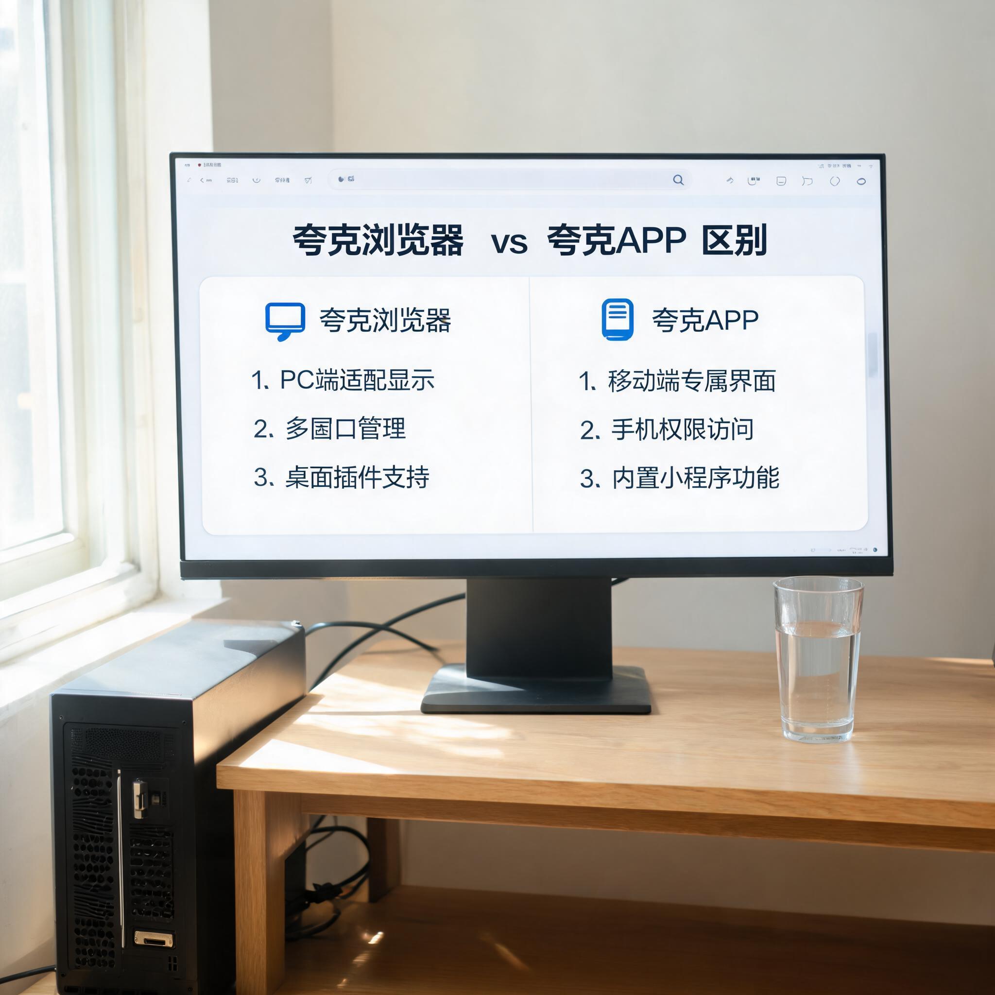 书桌上的主机，屏幕显示夸克浏览器和夸克 APP 区别设置界面，桌角放着水杯，自然光