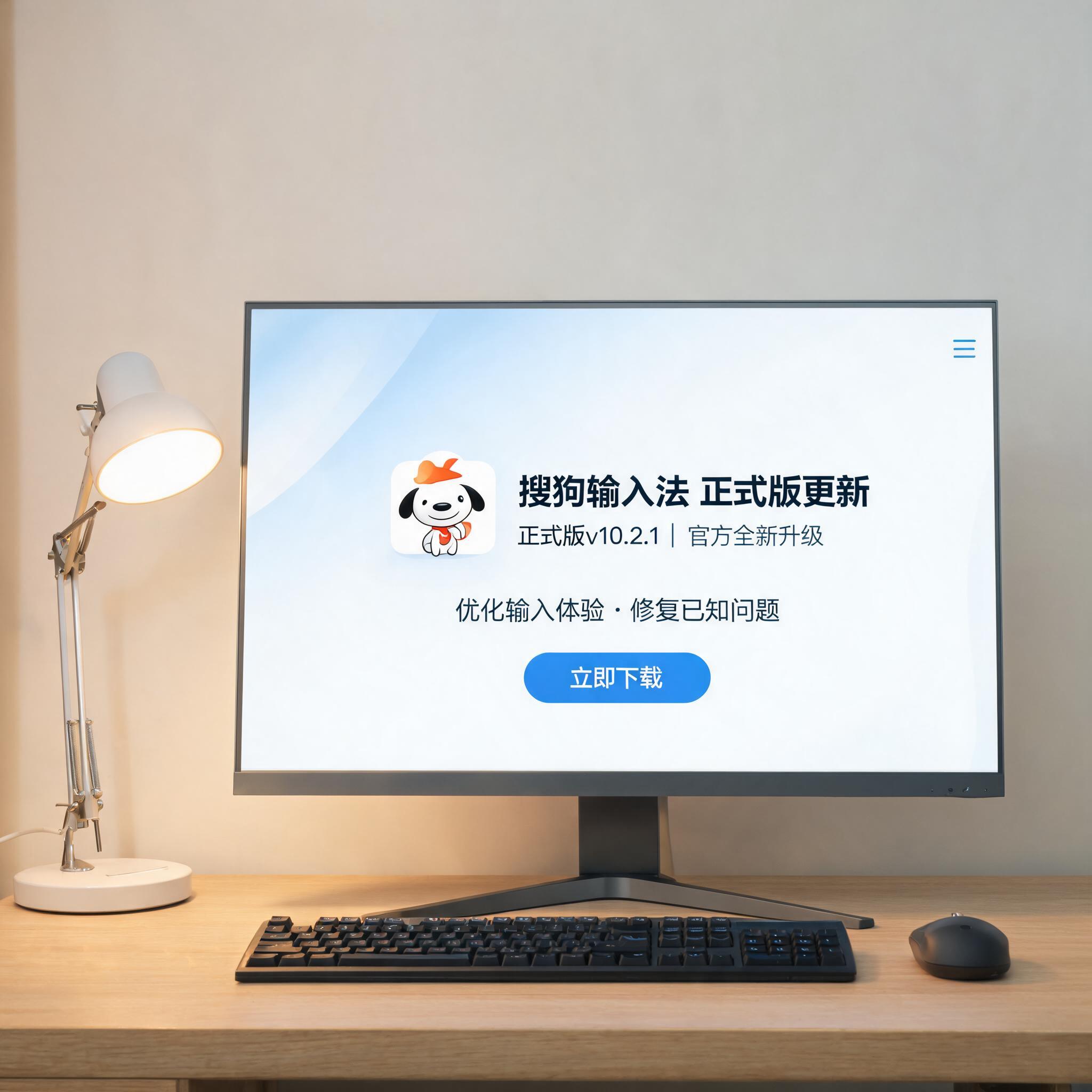 电脑桌上的电脑，屏幕显示搜狗输入法正式版更新下载界面，旁边放着台灯