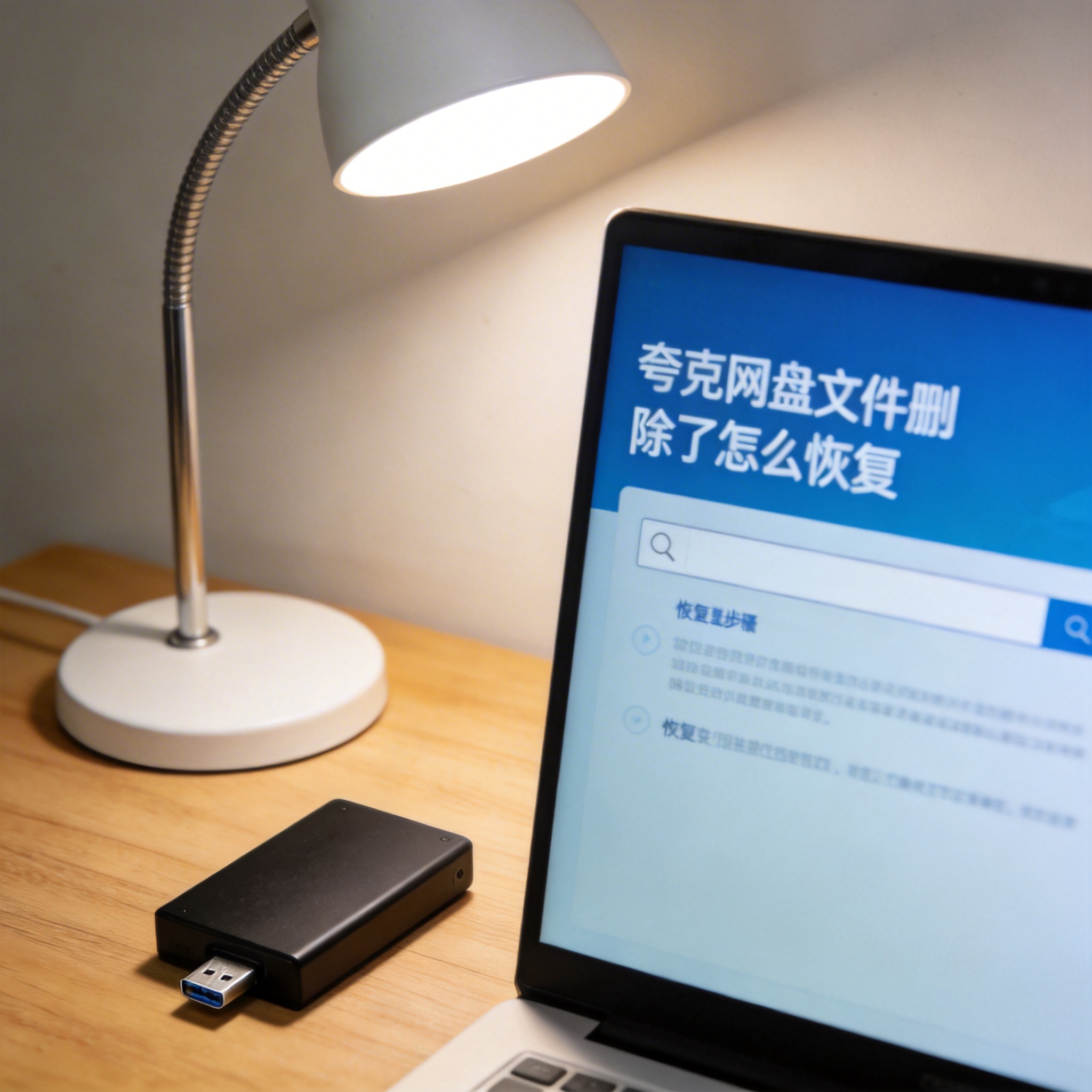 电脑桌上的硬盘，屏幕显示夸克网盘文件删除了怎么恢复界面，旁边放着台灯