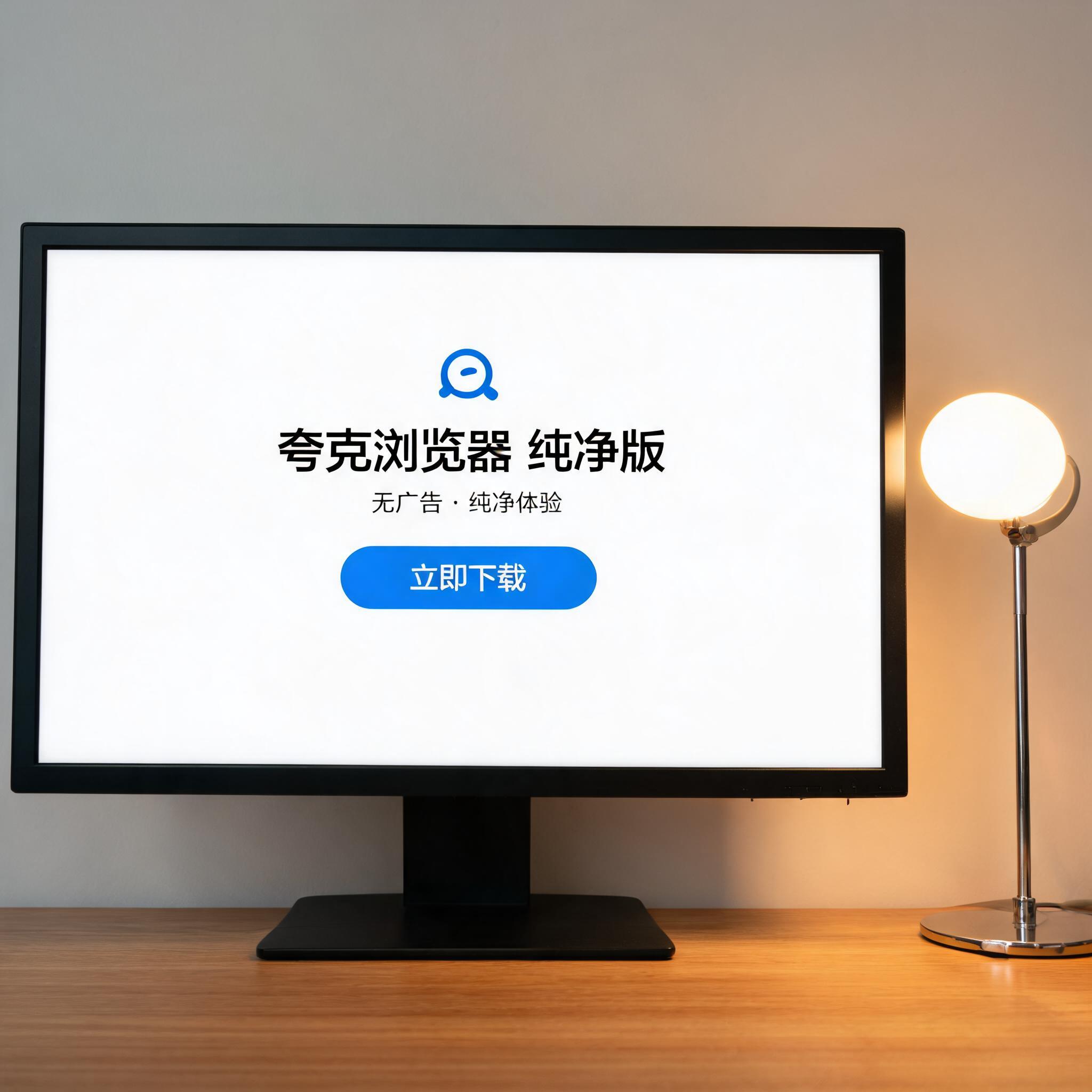电脑桌上的电脑，屏幕显示夸克浏览器纯净版无广告下载界面，旁边放着台灯