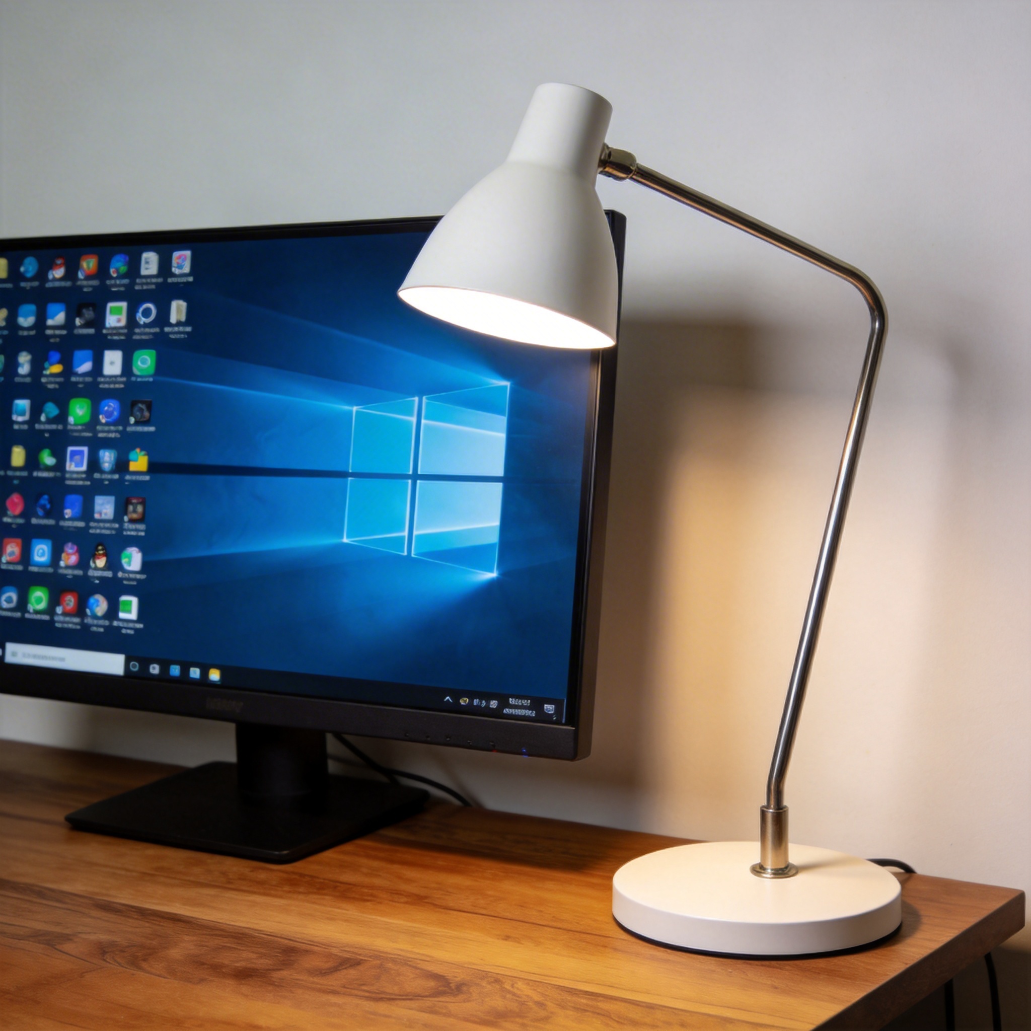 电脑桌上的电脑，屏幕显示Windows界面，旁边放着台灯