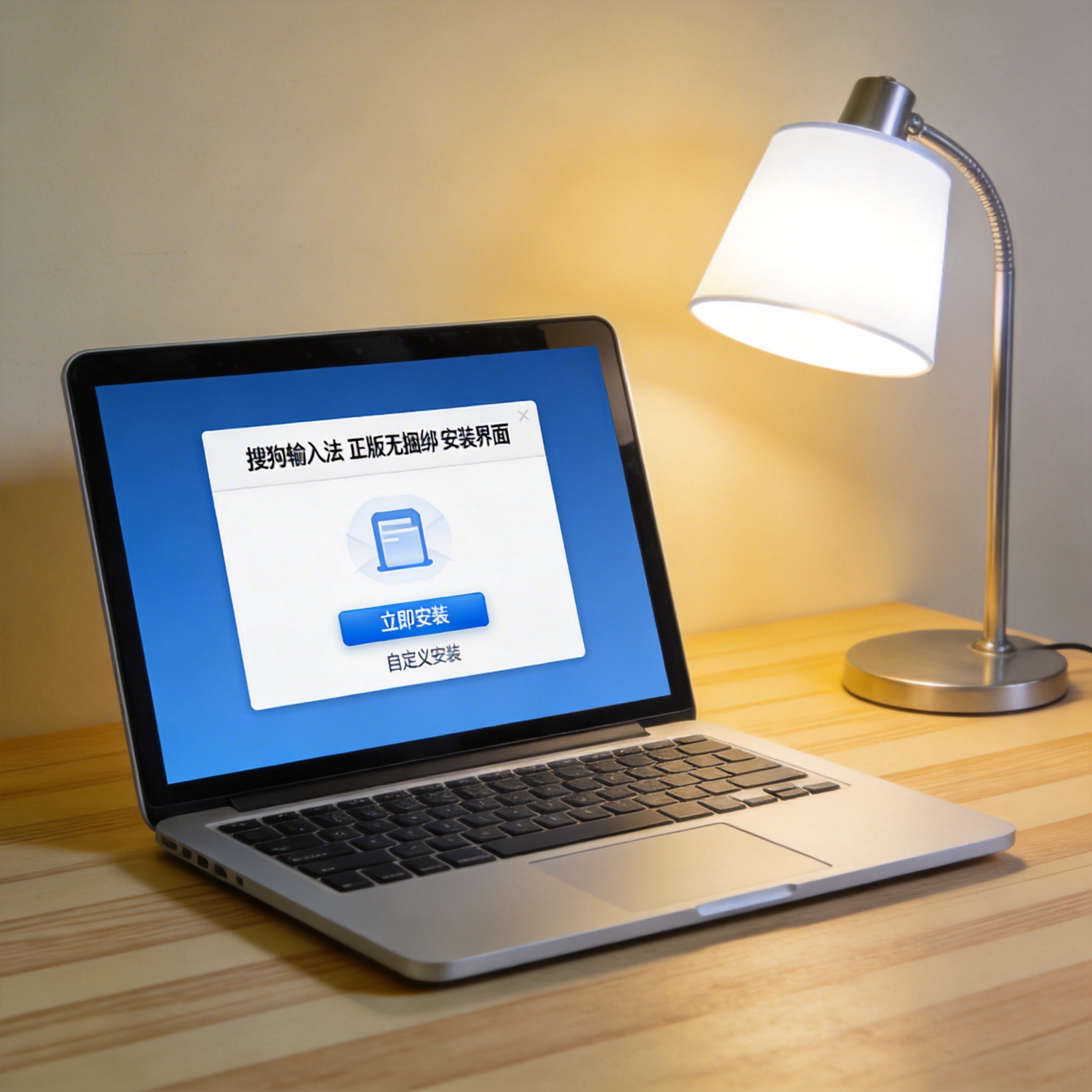 电脑桌上的电脑，屏幕显示搜狗输入法正版无捆绑安装界面，旁边放着台灯