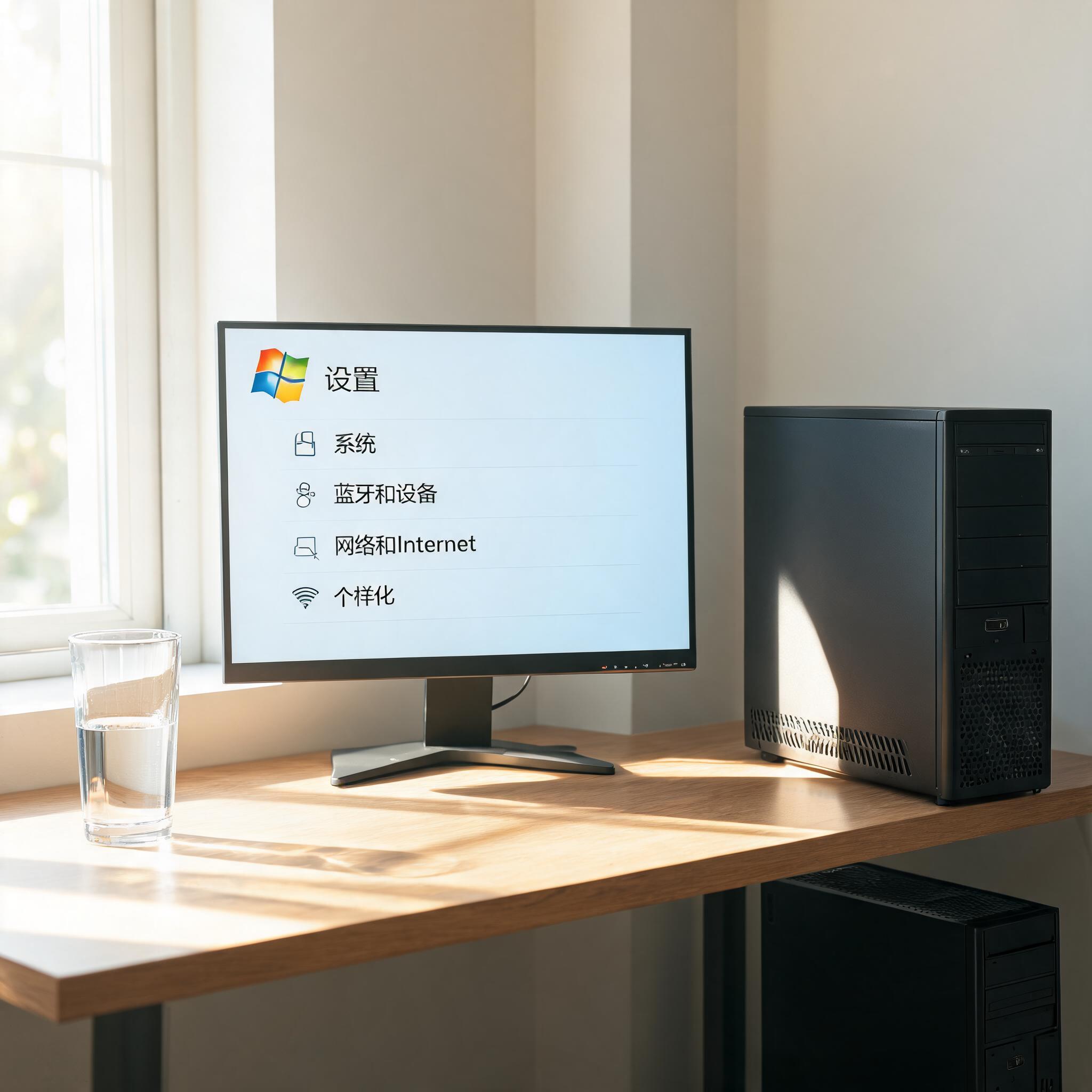 书桌上的主机，屏幕显示Windows设置界面，桌角放着水杯，自然光