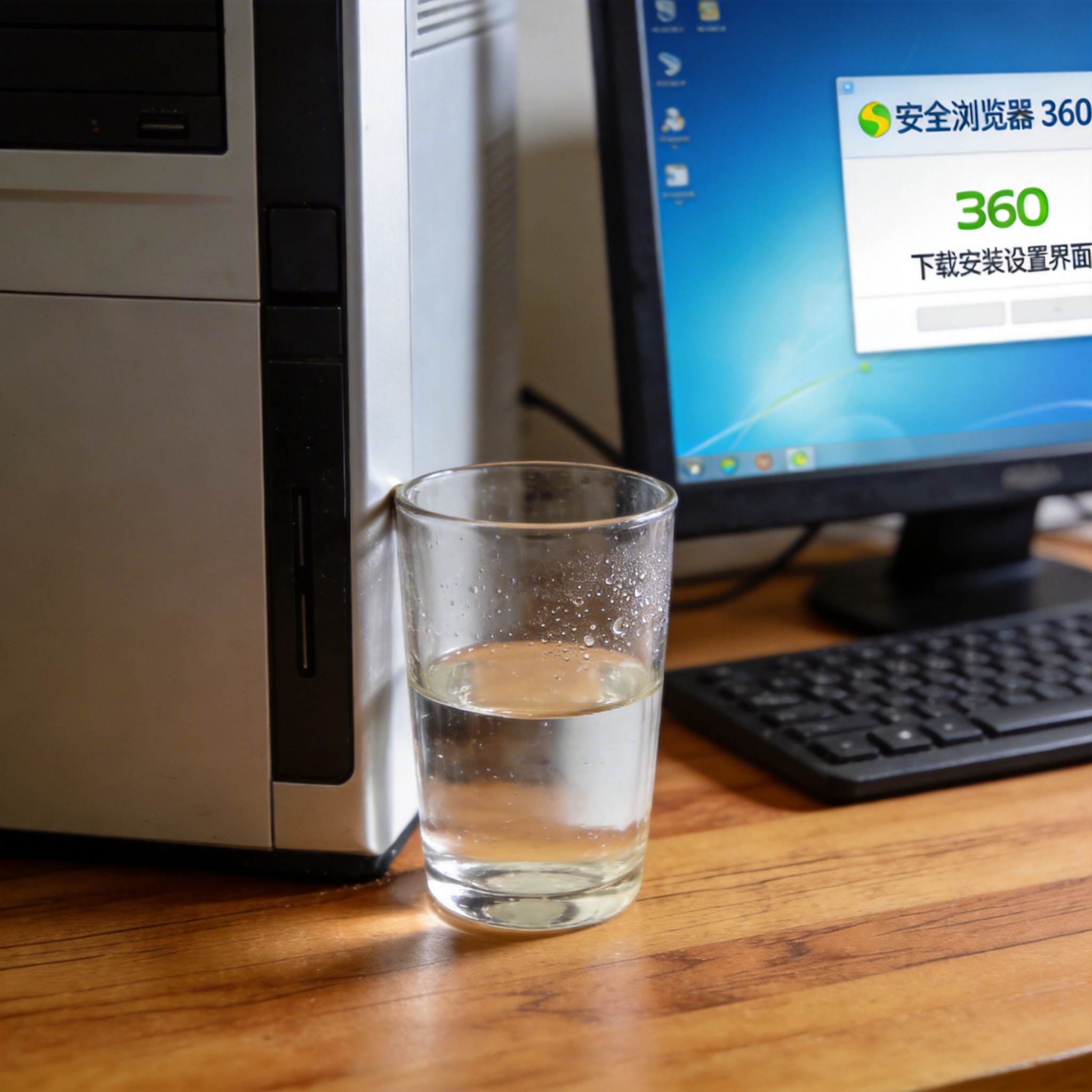 书桌上的主机，屏幕显示安全浏览器 360 下载安装设置界面，桌角放着水杯，自然光