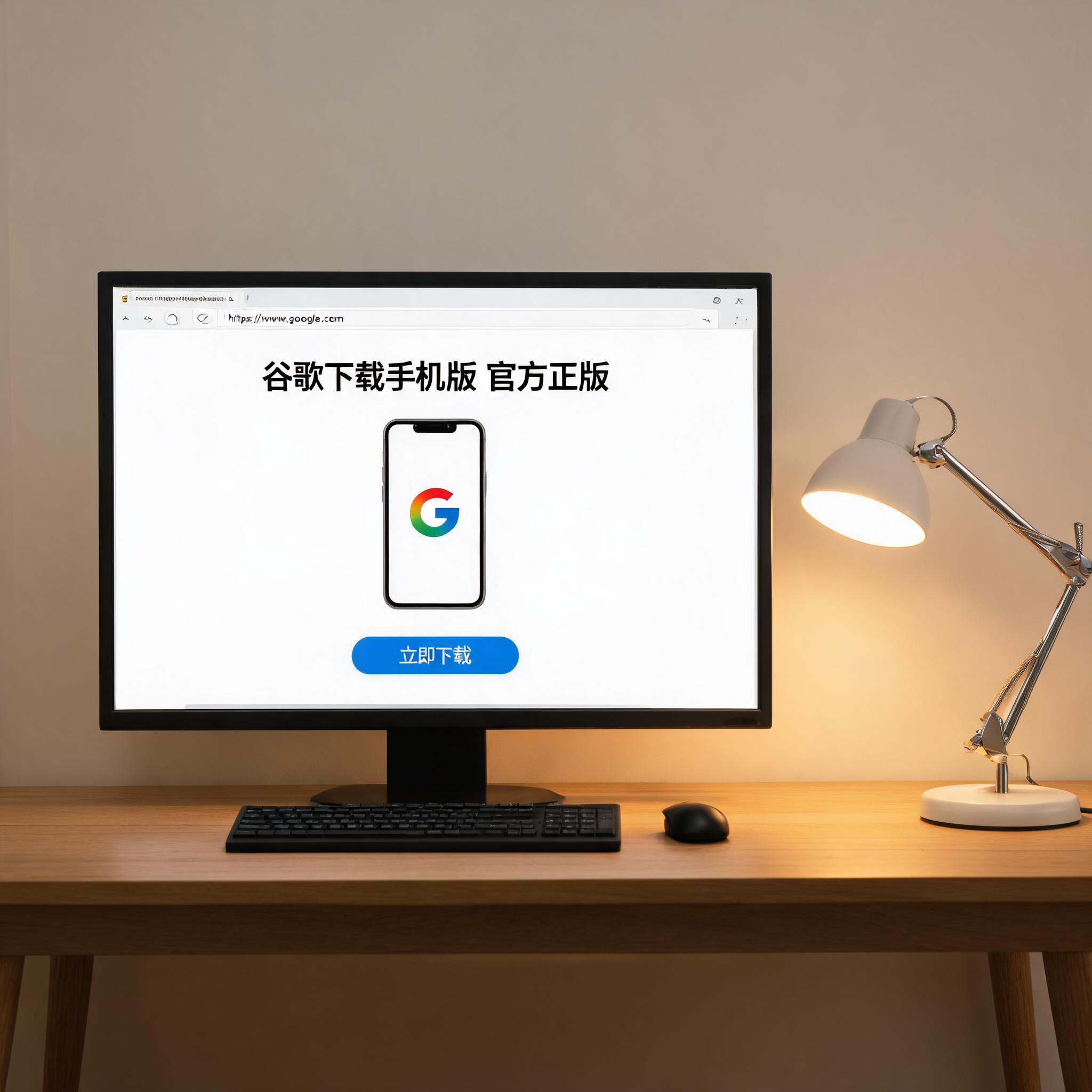 电脑桌上的电脑，屏幕显示guge下载手机版官方正版界面，旁边放着台灯