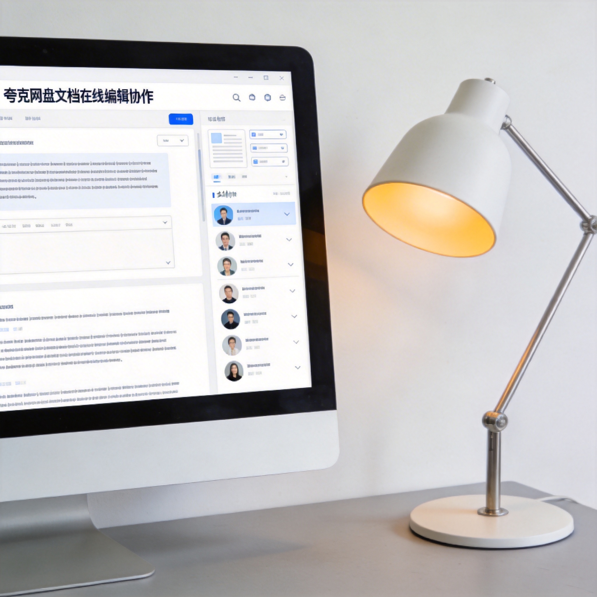 电脑桌上的电脑，屏幕显示夸克网盘文档在线编辑协作界面，旁边放着台灯