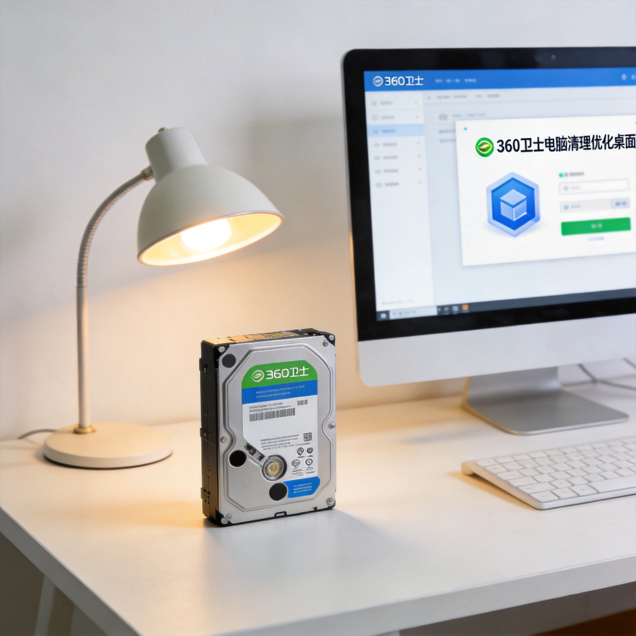电脑桌上的硬盘，屏幕显示360 卫士电脑清理优化桌面，旁边放着台灯