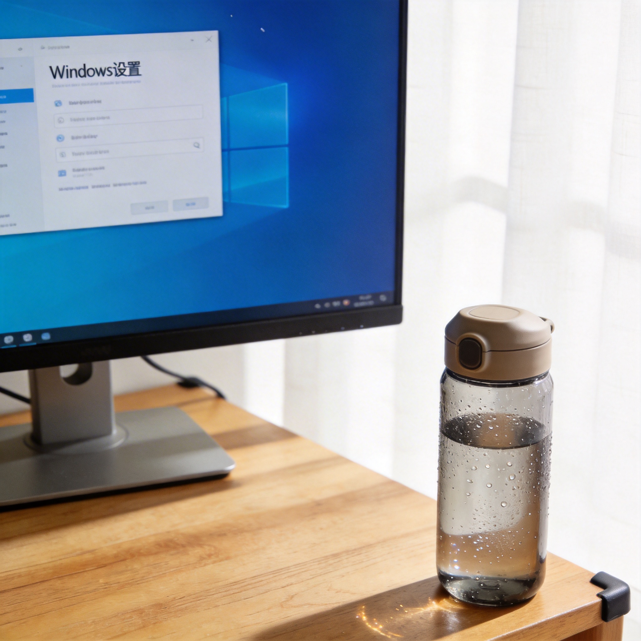 书桌上的主机，屏幕显示Windows设置界面，桌角放着水杯，自然光