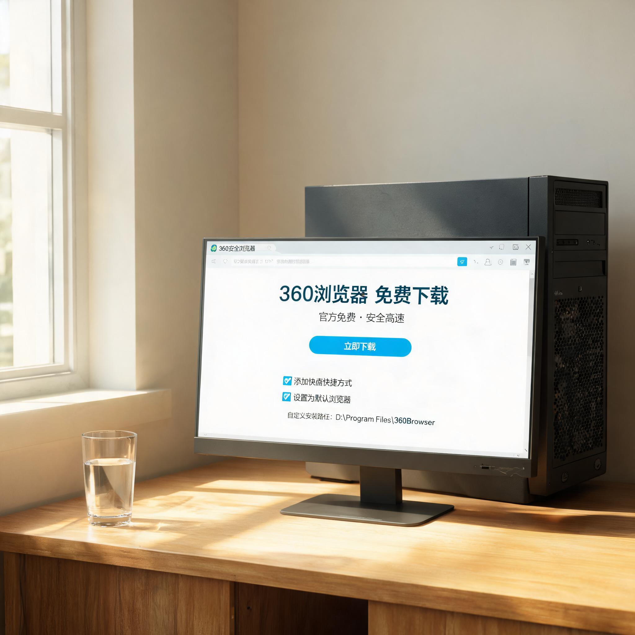 书桌上的主机，屏幕显示360 浏览器免费下载设置界面，桌角放着水杯，自然光