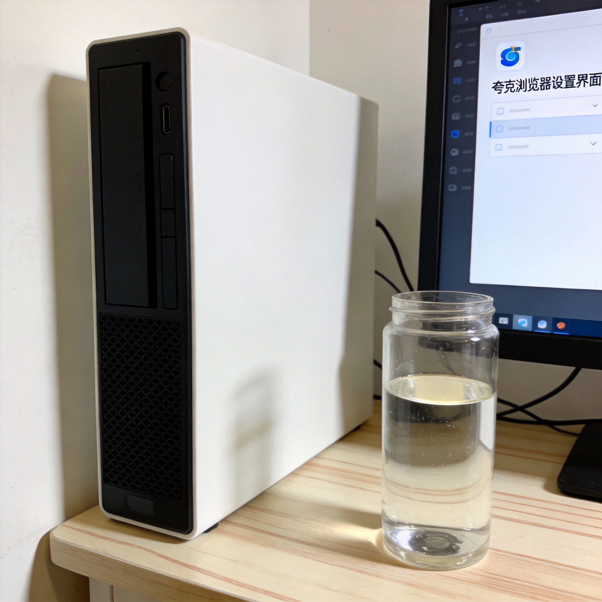书桌上的主机，屏幕显示夸克浏览器设置界面，桌角放着水杯，自然光