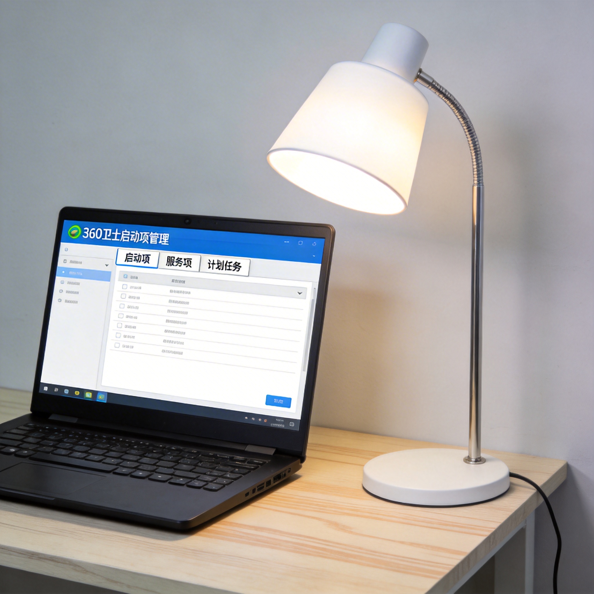 电脑桌上的电脑，屏幕显示360 卫士启动项管理界面，旁边放着台灯