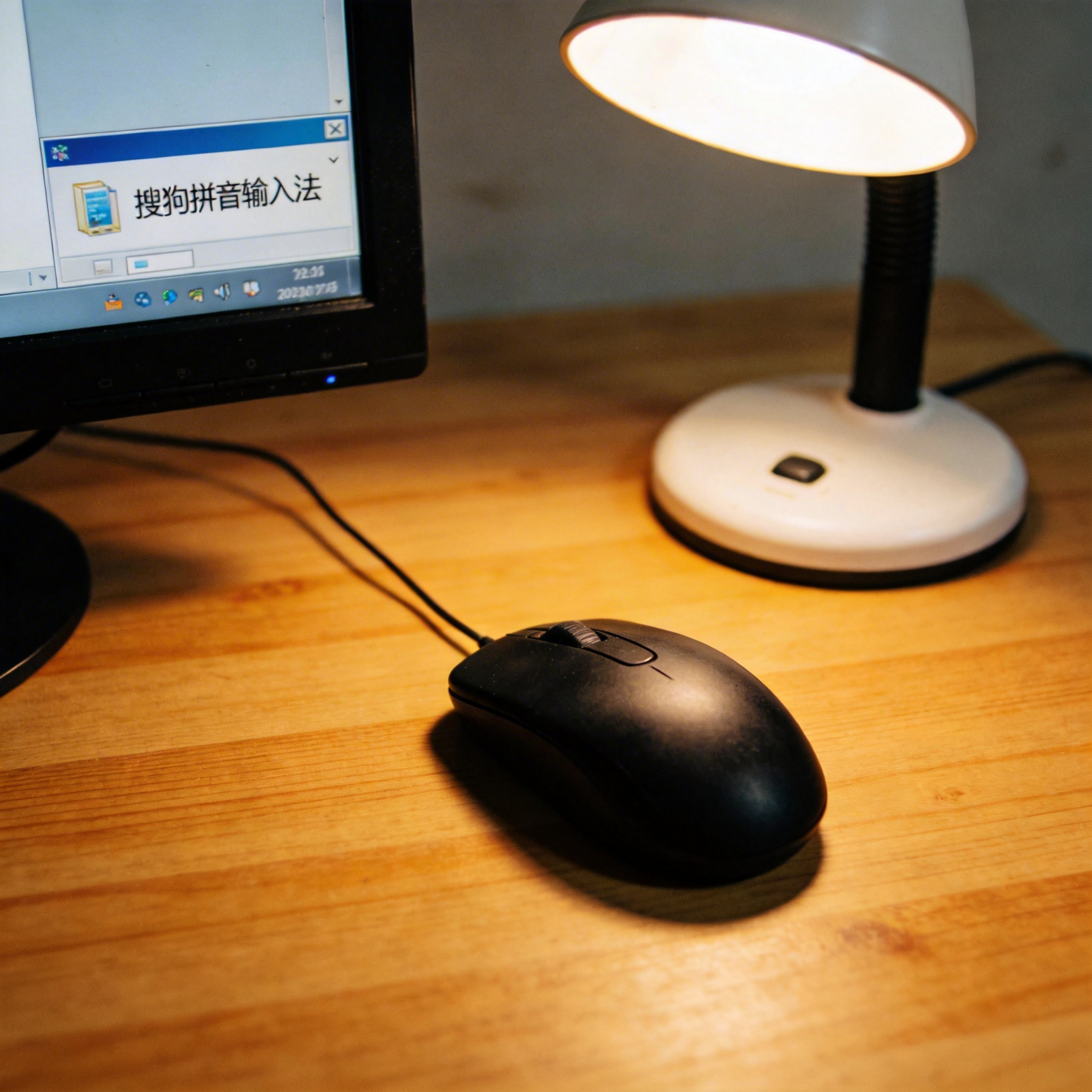电脑桌上的鼠标，屏幕显示搜狗拼音窗口，旁边放着台灯