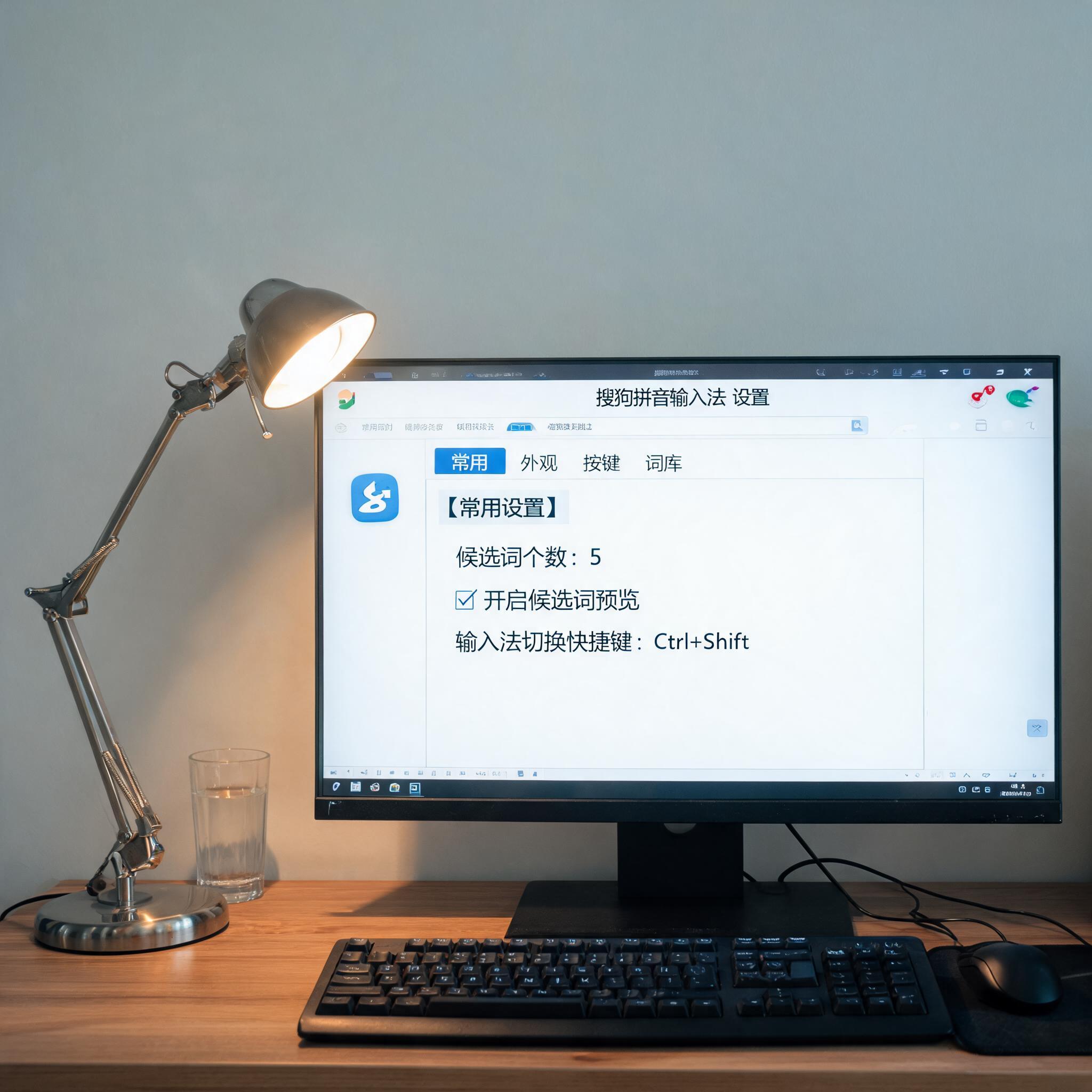 电脑桌上的电脑，屏幕显示搜狗拼音输入法怎么设置界面，旁边放着台灯