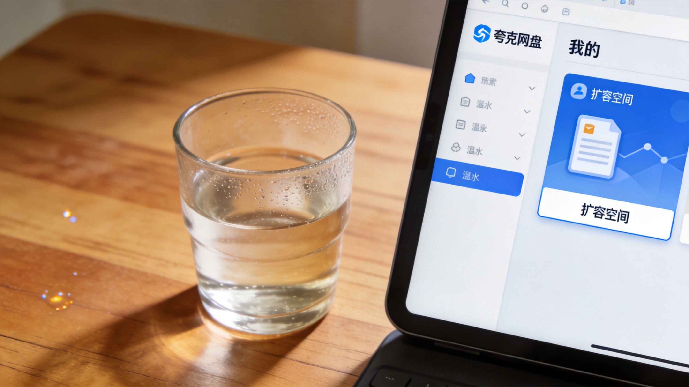 电脑放在桌面上，屏幕显示夸克网盘“我的”页面，“扩容空间”入口清晰显示，旁边放着半杯温水，室内自然光