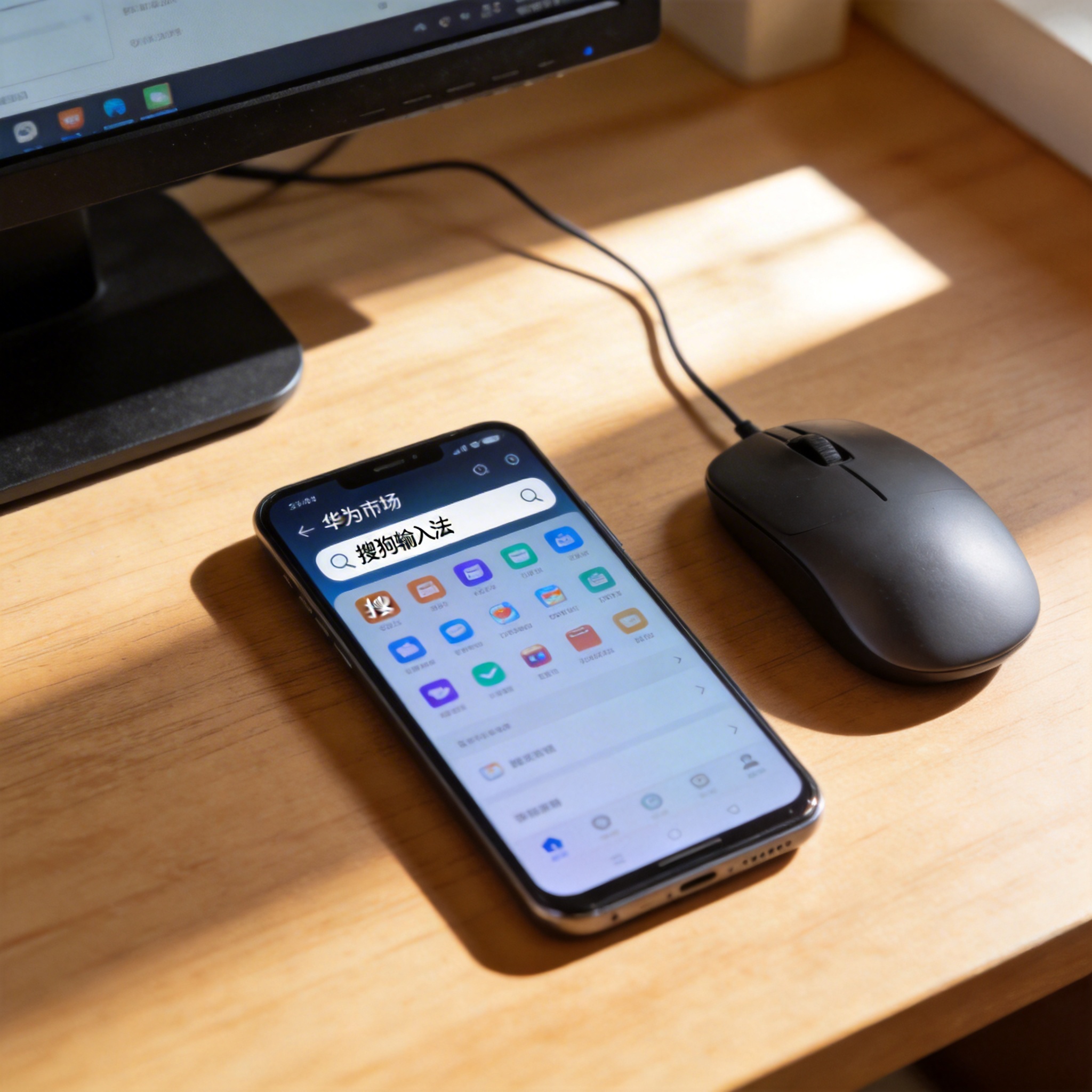 电脑桌前的安卓手机，屏幕显示华为应用市场界面，搜索框输入“搜狗输入法”，旁边放着有线鼠标，桌面自然光