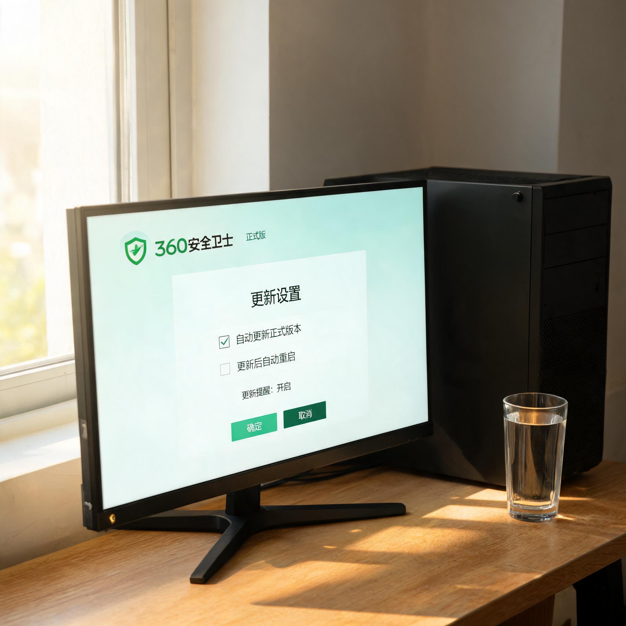 书桌上的主机，屏幕显示360 安全卫士正式版更新设置界面，桌角放着水杯，自然光