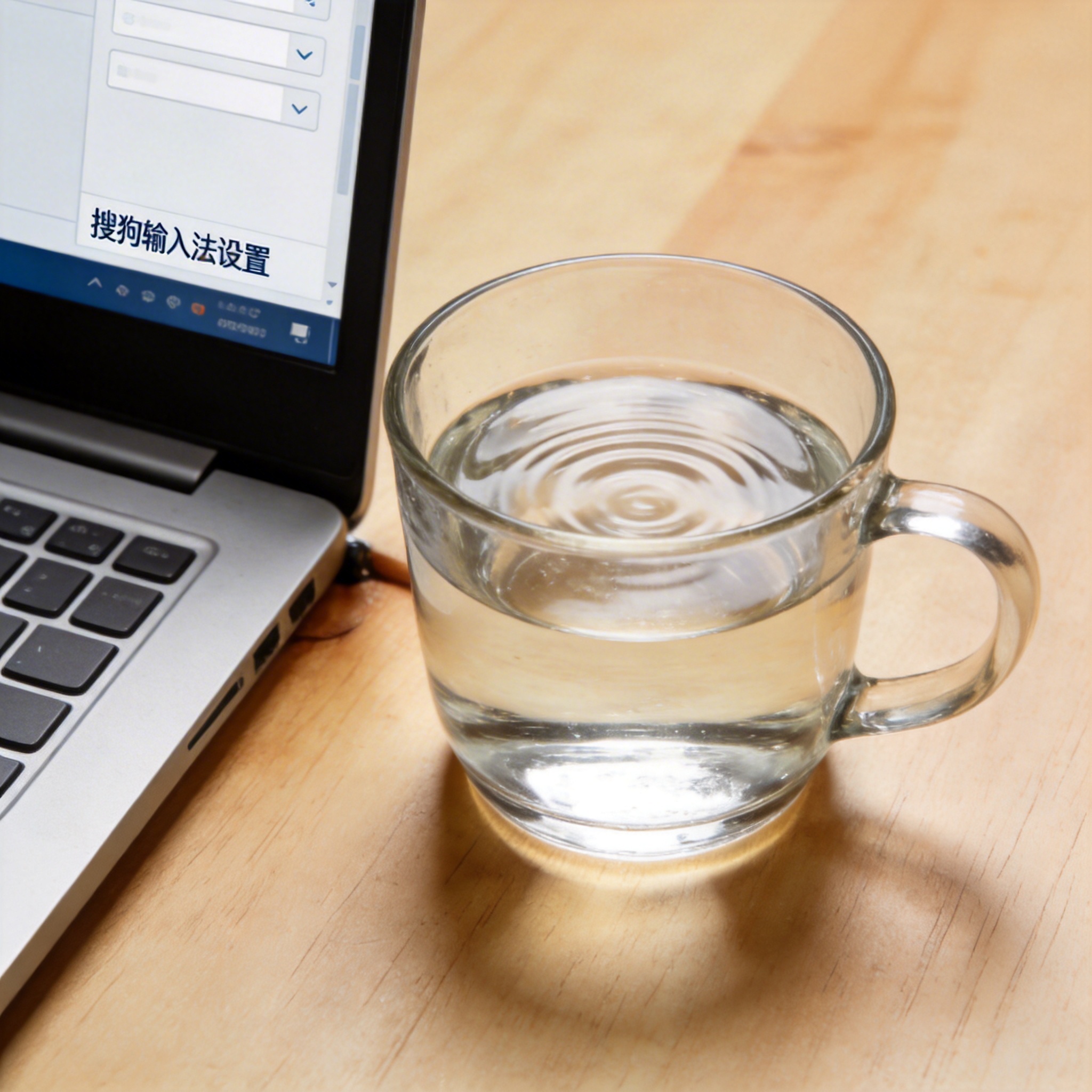 书桌上的笔记本，屏幕显示搜狗输入法设置界面，桌角放着水杯，自然光