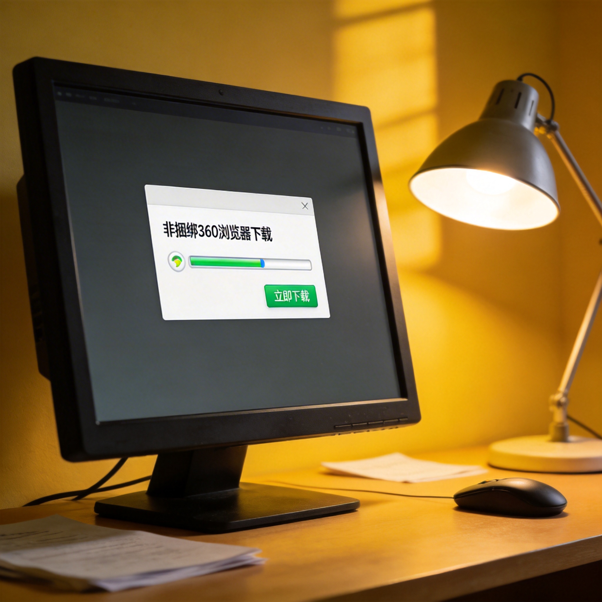 电脑桌上的电脑，屏幕显示非捆绑 360 浏览器下载窗口，旁边放着台灯