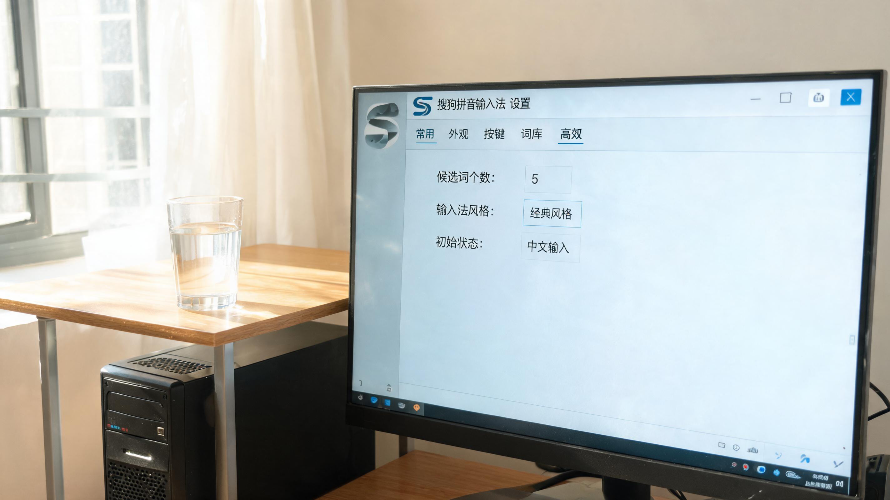 书桌上的主机，屏幕显示搜狗拼音输入法怎么设置设置界面，桌角放着水杯，自然光