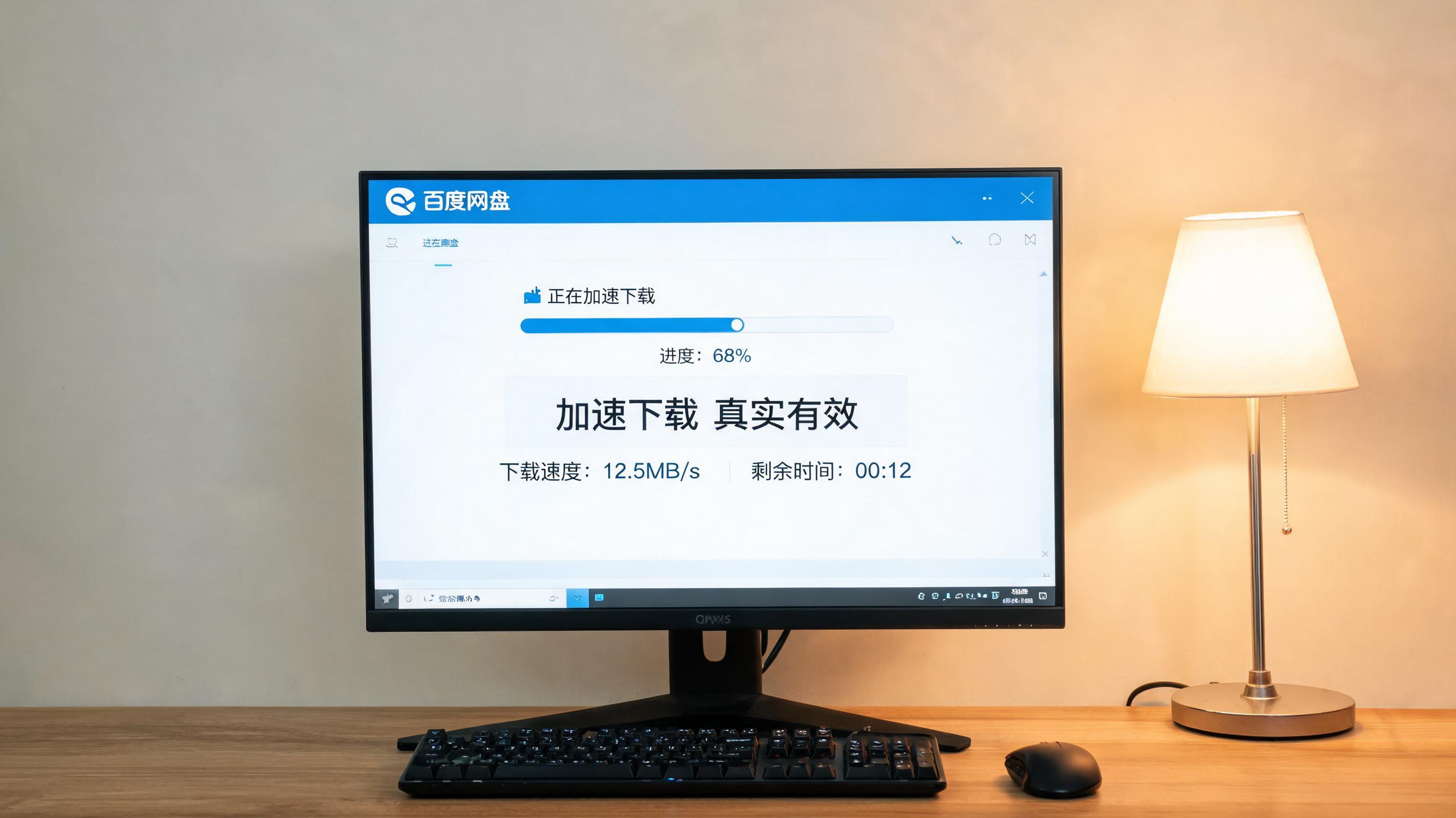 电脑桌上的电脑，屏幕显示百度网盘加速下载真实有效界面，旁边放着台灯