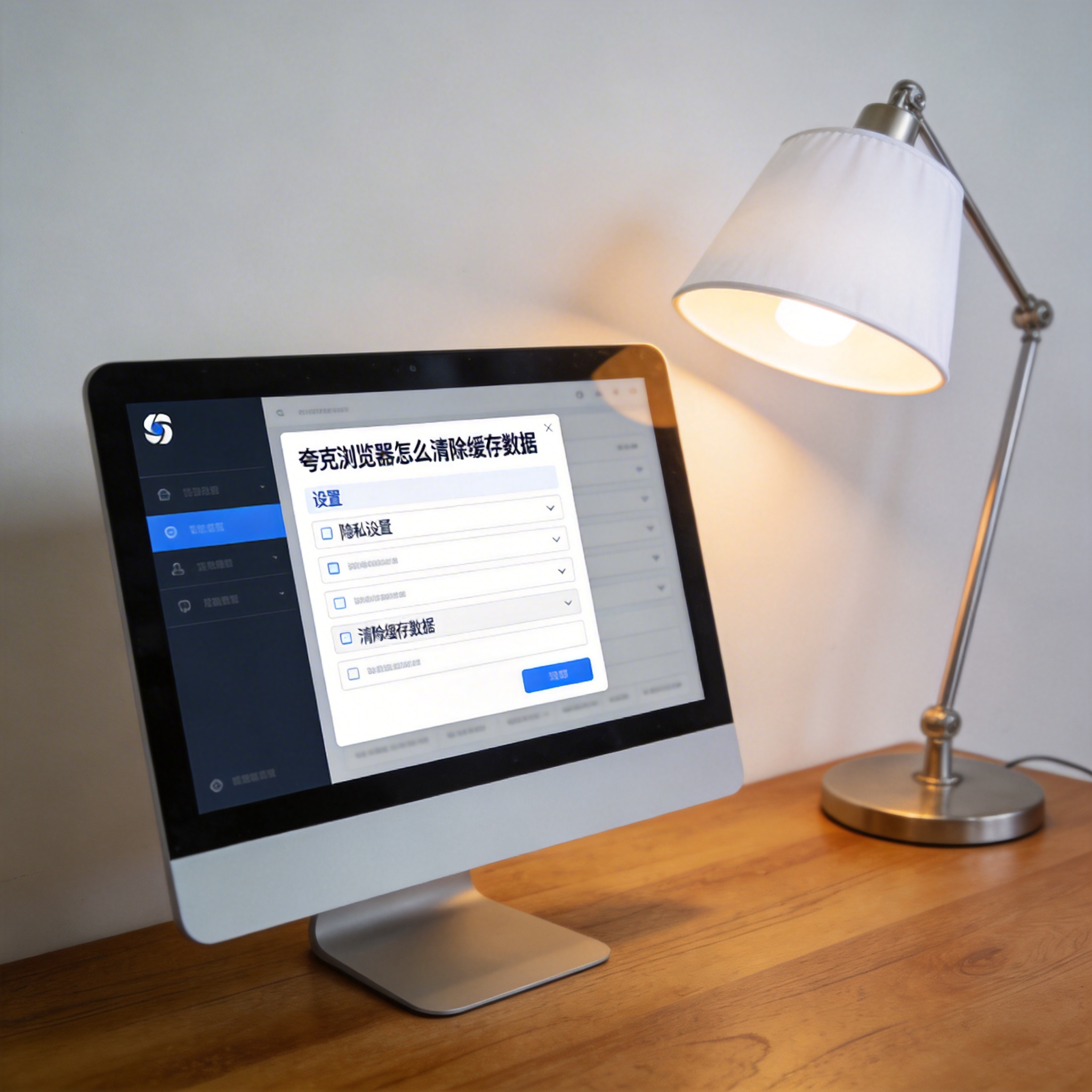 电脑桌上的电脑，屏幕显示夸克浏览器怎么清除缓存数据界面，旁边放着台灯