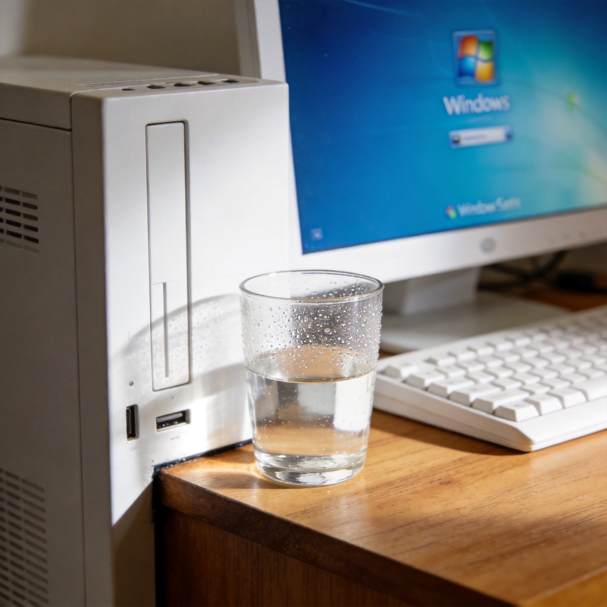书桌上的主机，屏幕显示Windows设置界面，桌角放着水杯，自然光