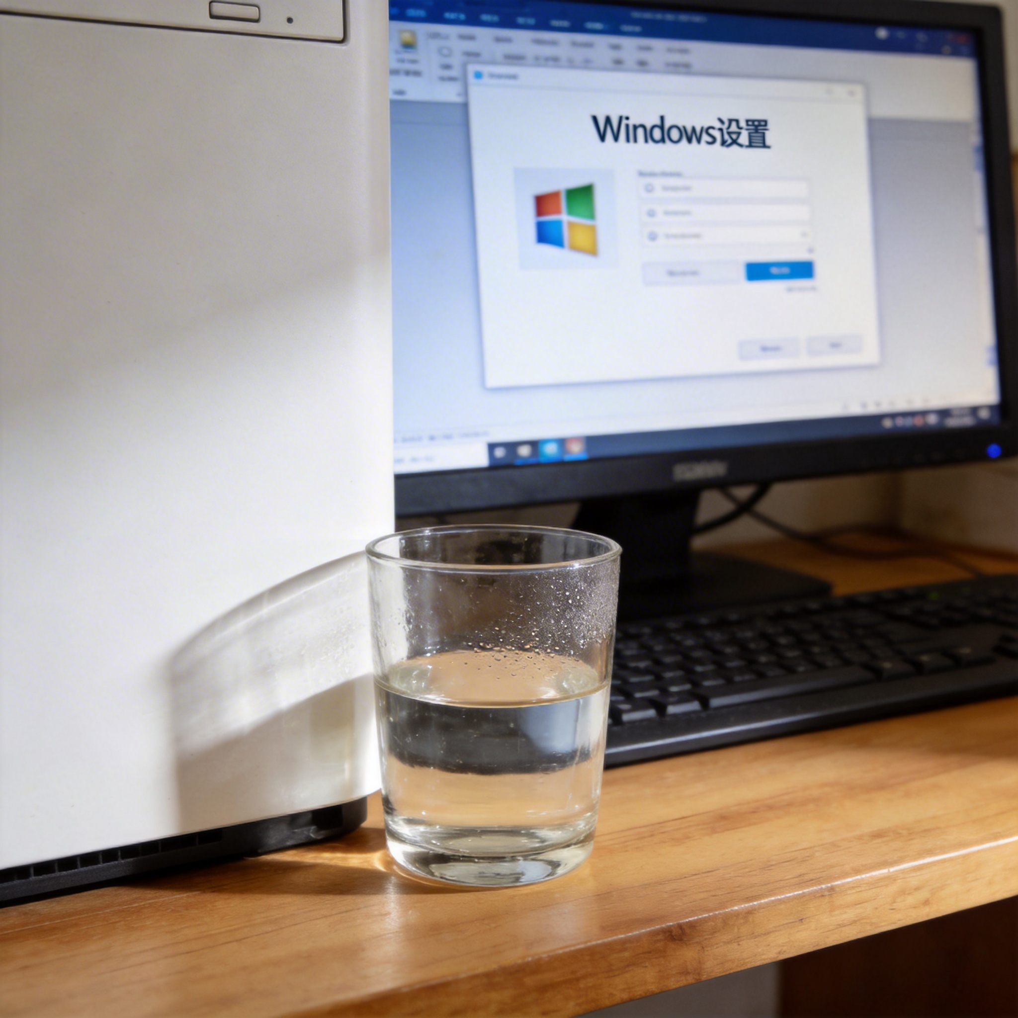 书桌上的主机，屏幕显示Windows设置界面，桌角放着水杯，自然光
