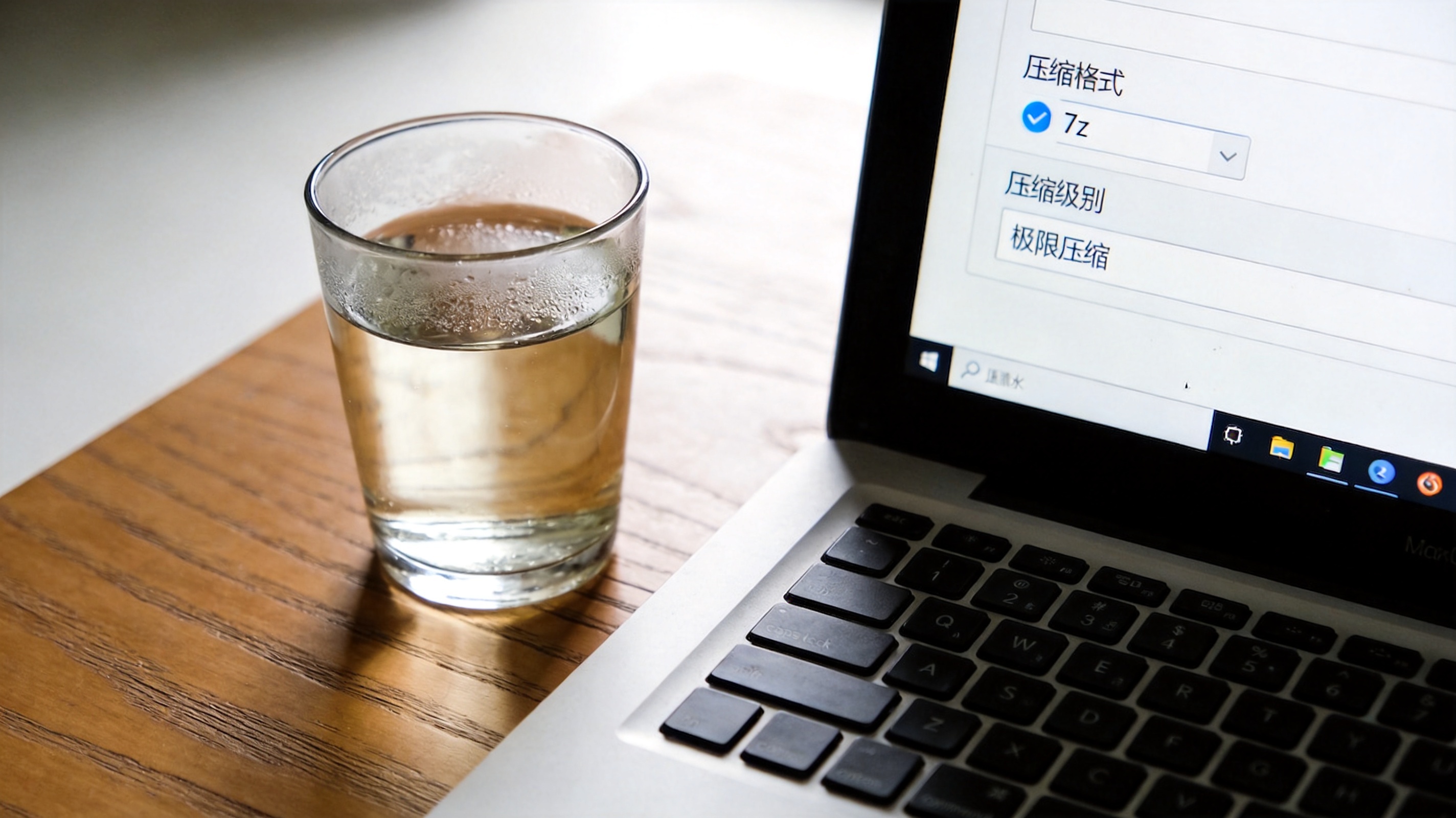 办公桌面的电脑，屏幕显示7z压缩软件的设置界面，压缩格式选7z，压缩级别设为极限压缩，旁边放着半杯温水，室内自然光