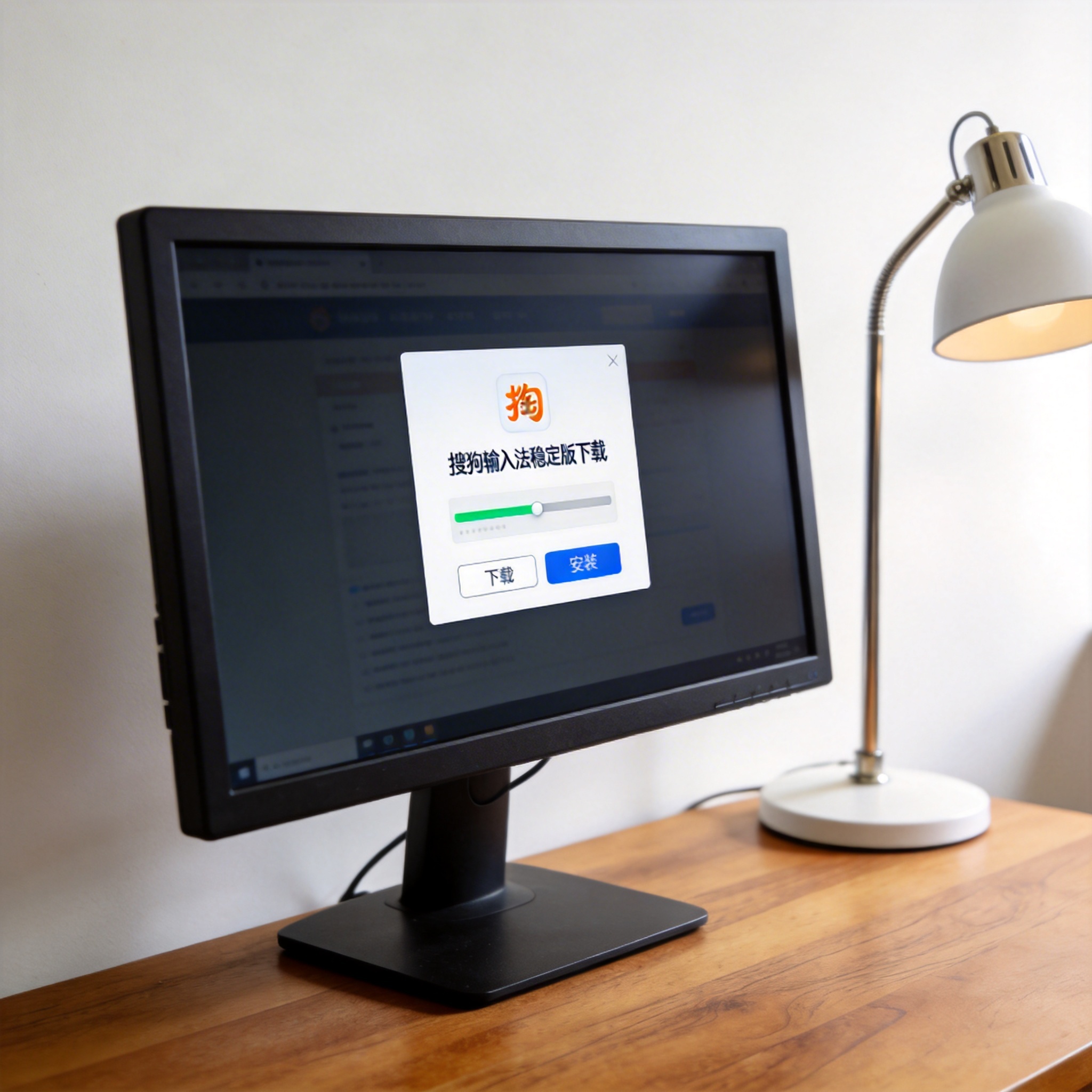 电脑桌上的电脑，屏幕显示搜狗输入法稳定版下载界面，旁边放着台灯