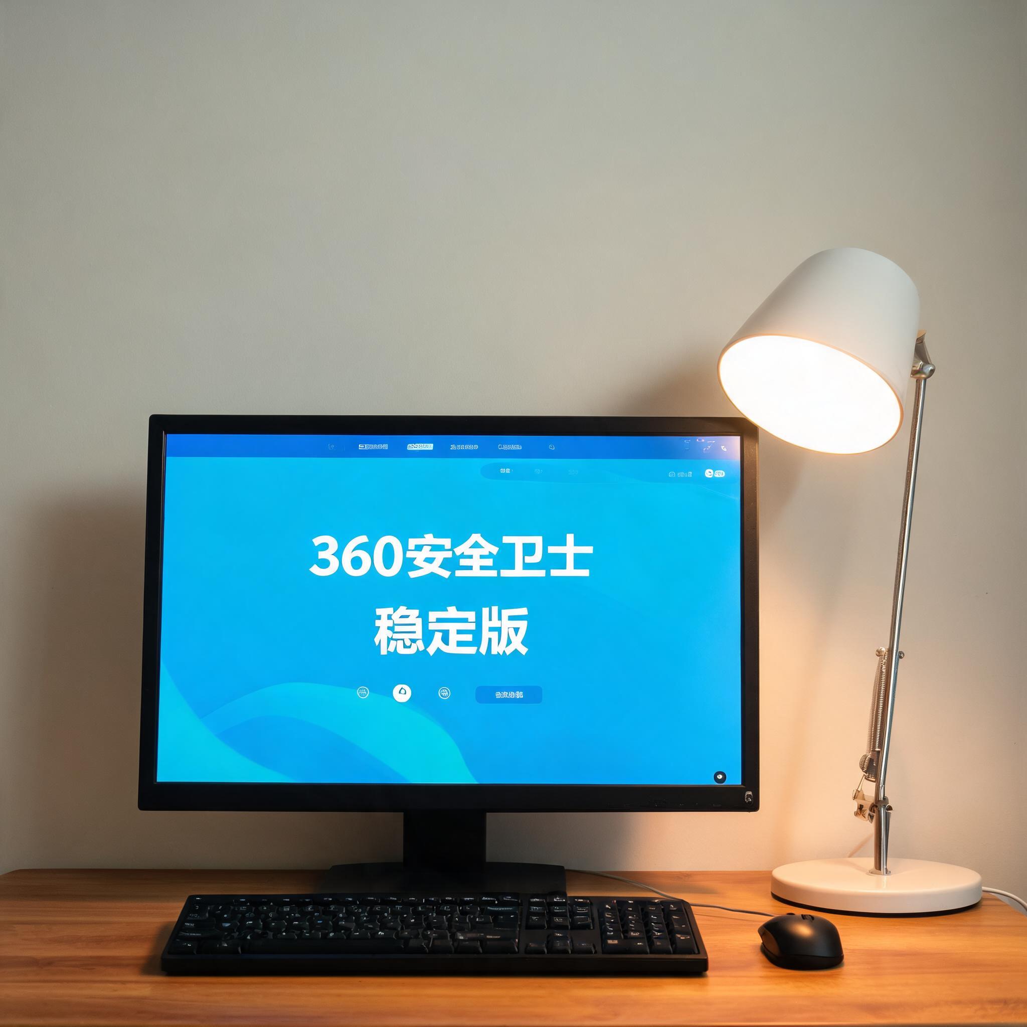 电脑桌上的电脑，屏幕显示360 卫士稳定版界面，旁边放着台灯