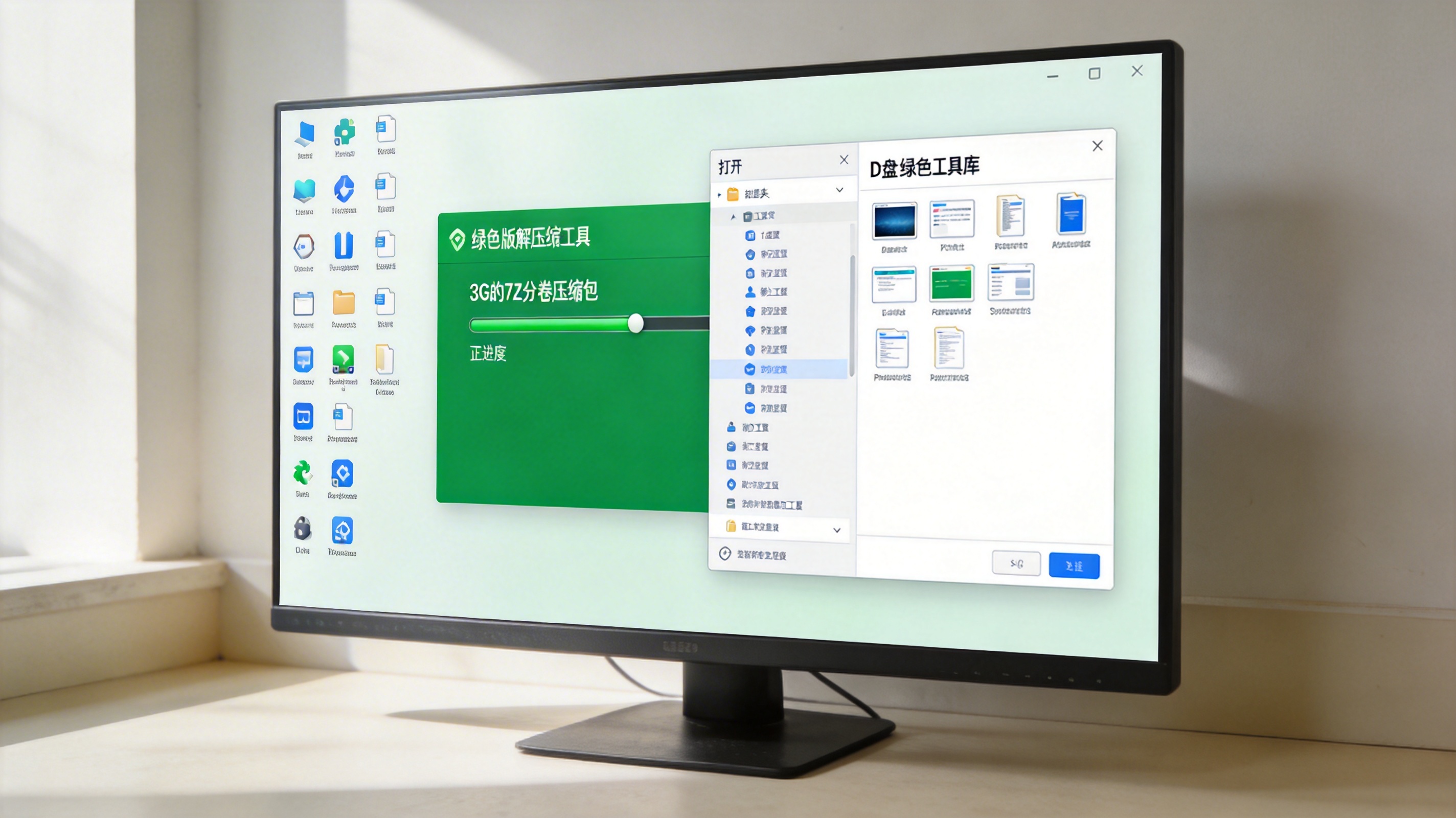 电脑桌面，屏幕显示绿色版解压缩工具界面，正在解压3G的7Z分卷压缩包，D盘“绿色工具库”文件夹窗口在旁，室内自然光