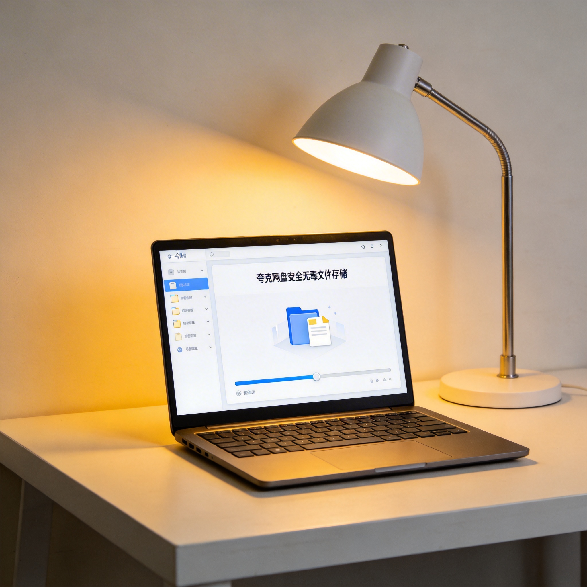 电脑桌上的电脑，屏幕显示夸克网盘安全无毒文件存储界面，旁边放着台灯