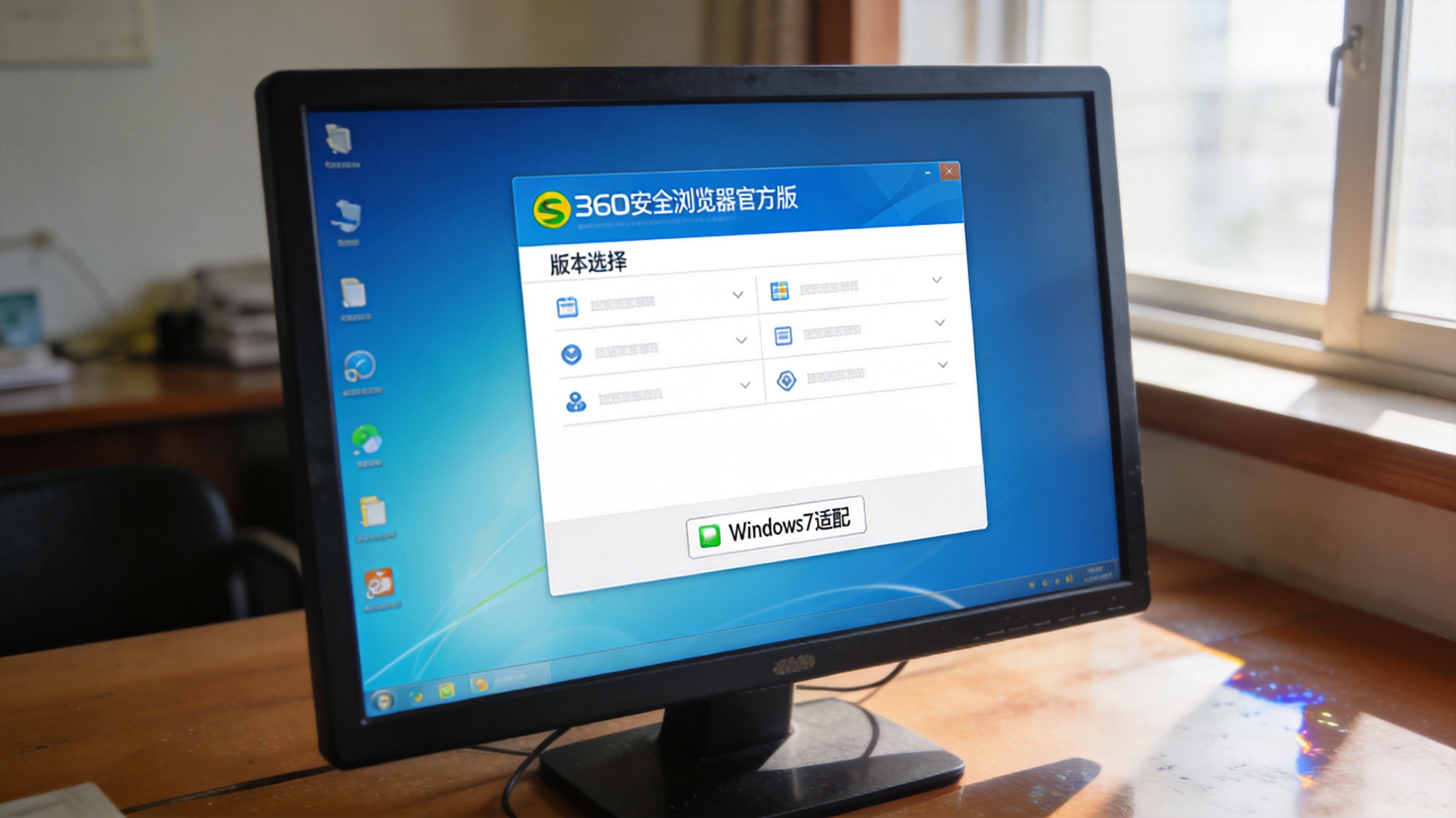 电脑桌面，屏幕显示360安全浏览器官方版的版本选择页面，下方标注Windows7适配选项，室内自然光