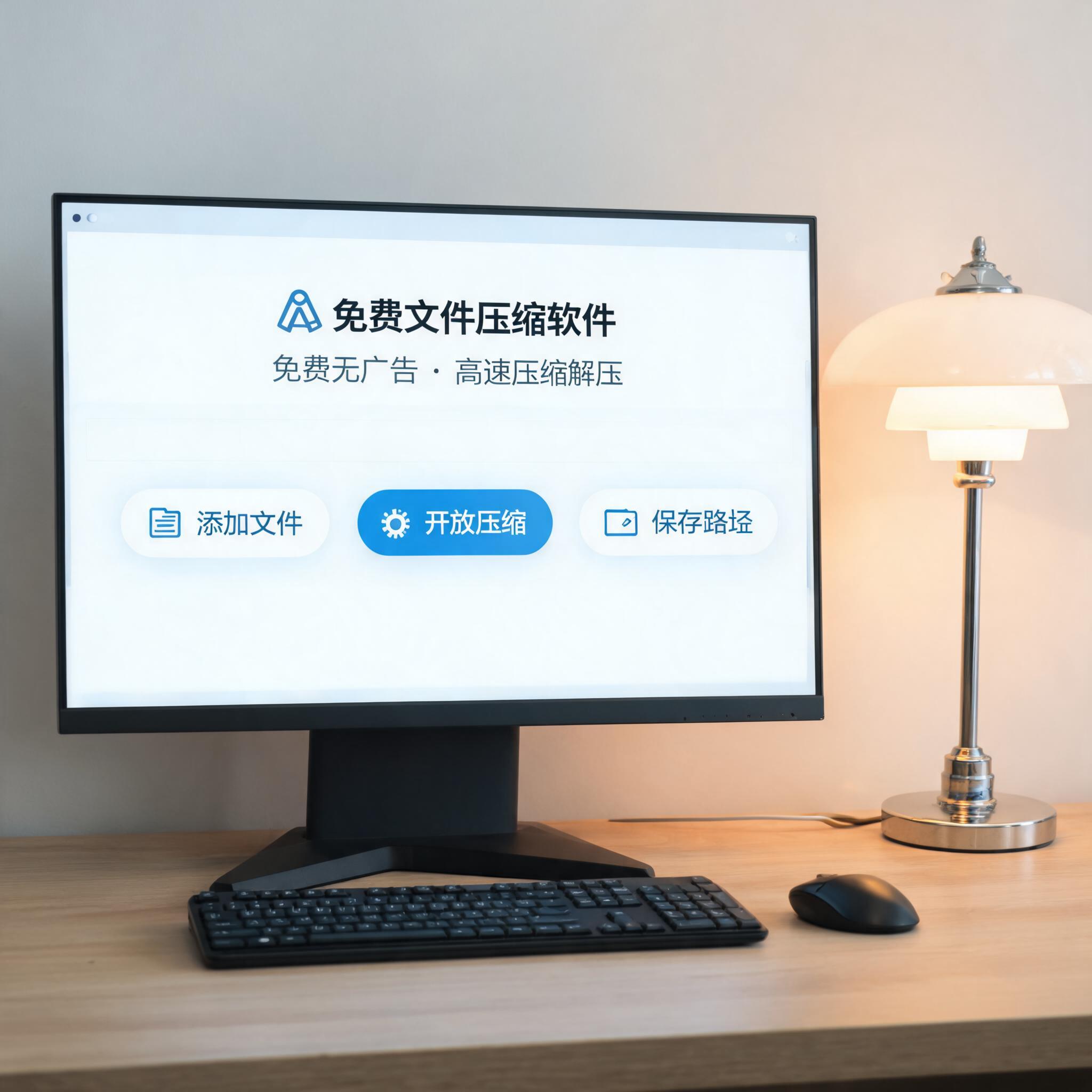 电脑桌上的电脑，屏幕显示免费文件压缩软件官方界面，旁边放着台灯