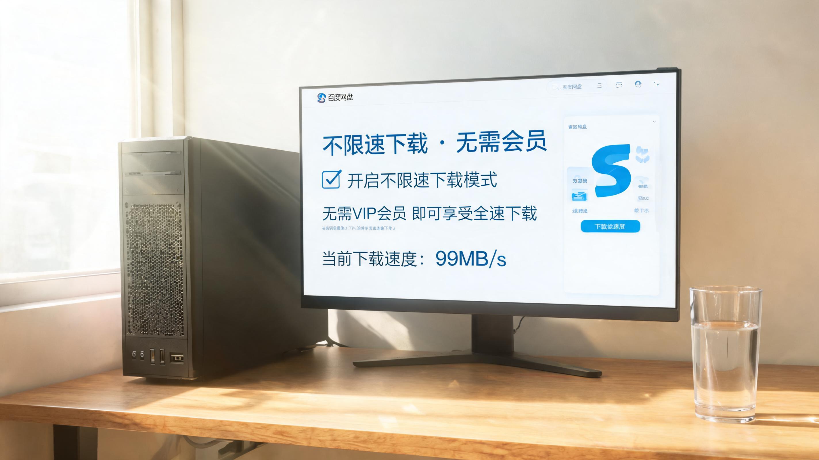 书桌上的主机，屏幕显示百度网盘不限速下载无需会员设置界面，桌角放着水杯，自然光