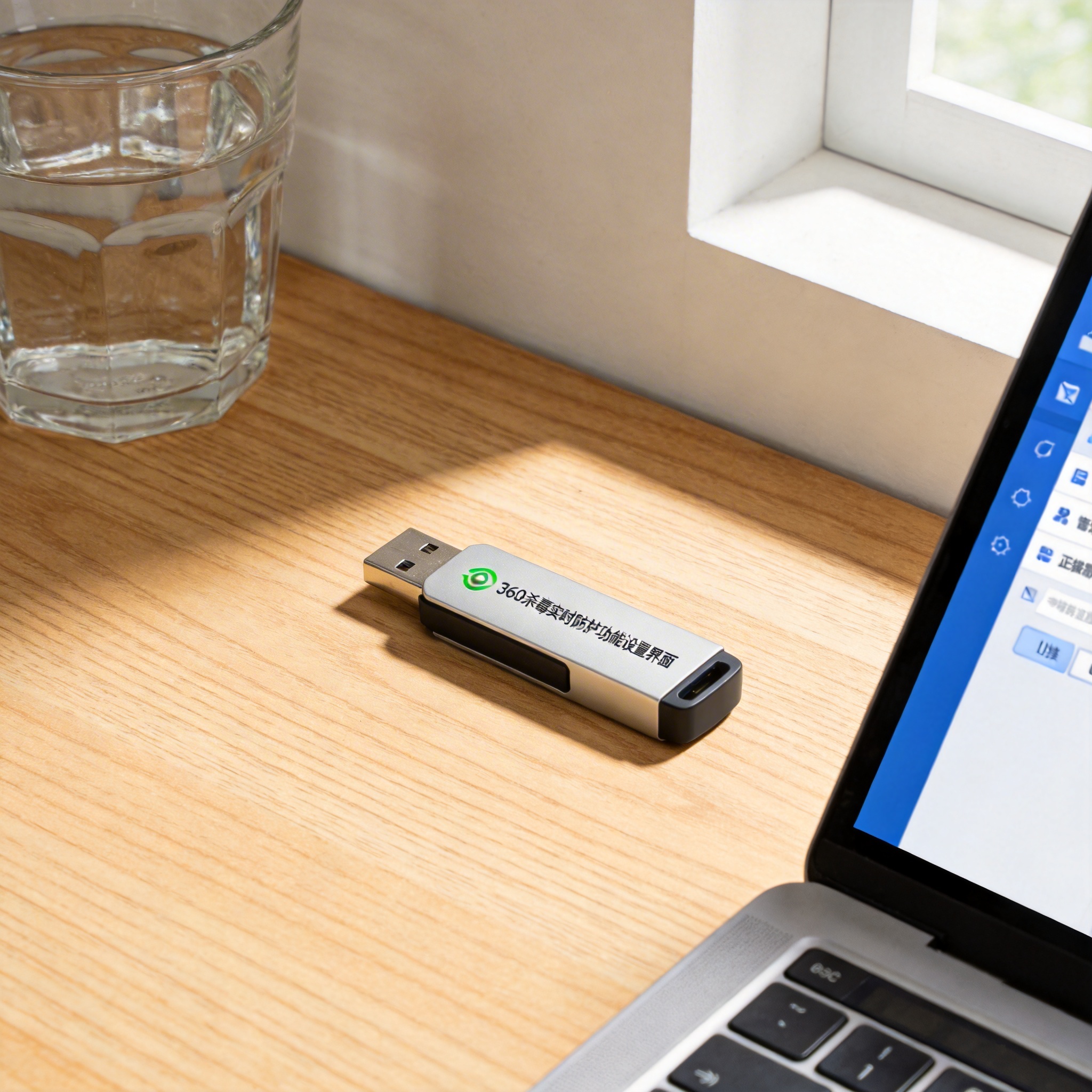 书桌上的U盘，屏幕显示360 杀毒实时防护功能设置界面，桌角放着水杯，自然光