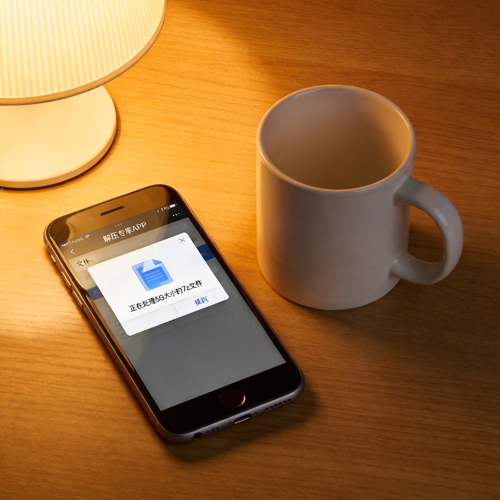 书桌上的苹果手机，屏幕显示解压专家APP的文件提取窗口，正在处理5G大小的7z文件，旁边放着陶瓷水杯，台灯暖光