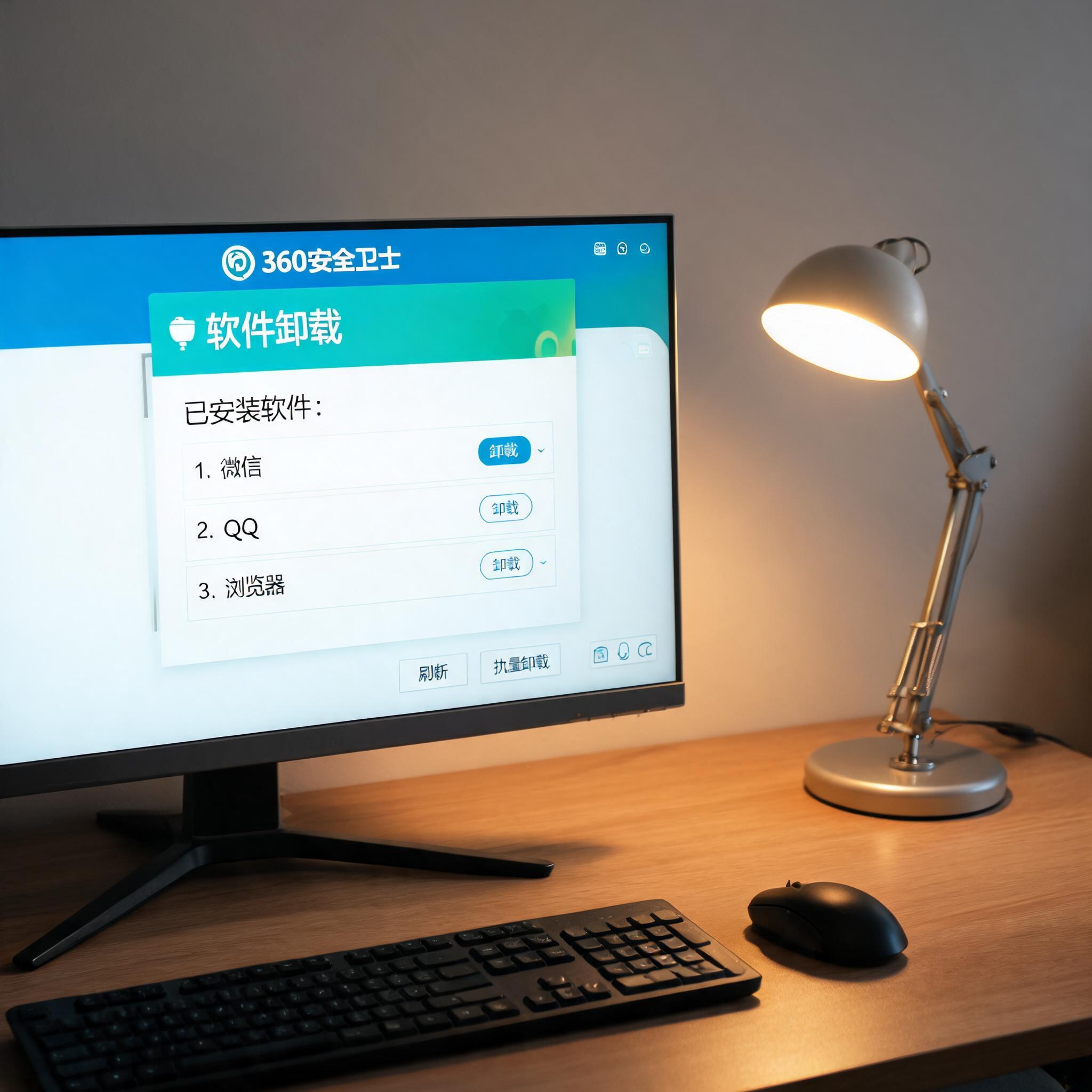 电脑桌上的电脑，屏幕显示360 卫士软件卸载功能菜单，旁边放着台灯