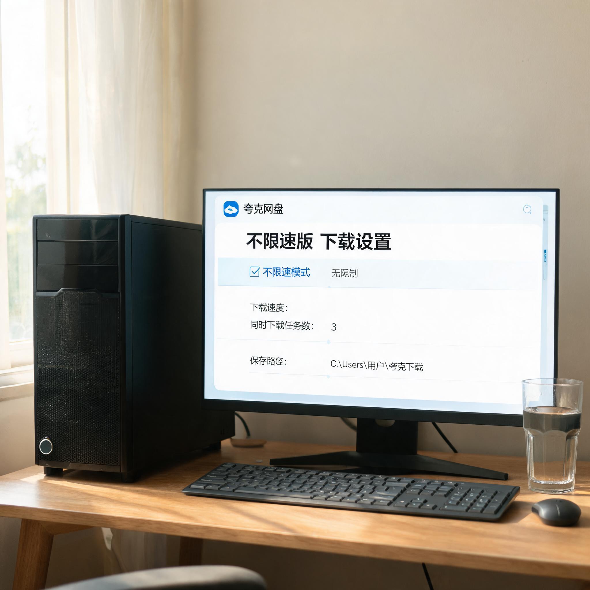 书桌上的主机，屏幕显示夸克网盘不限速版下载设置界面，桌角放着水杯，自然光